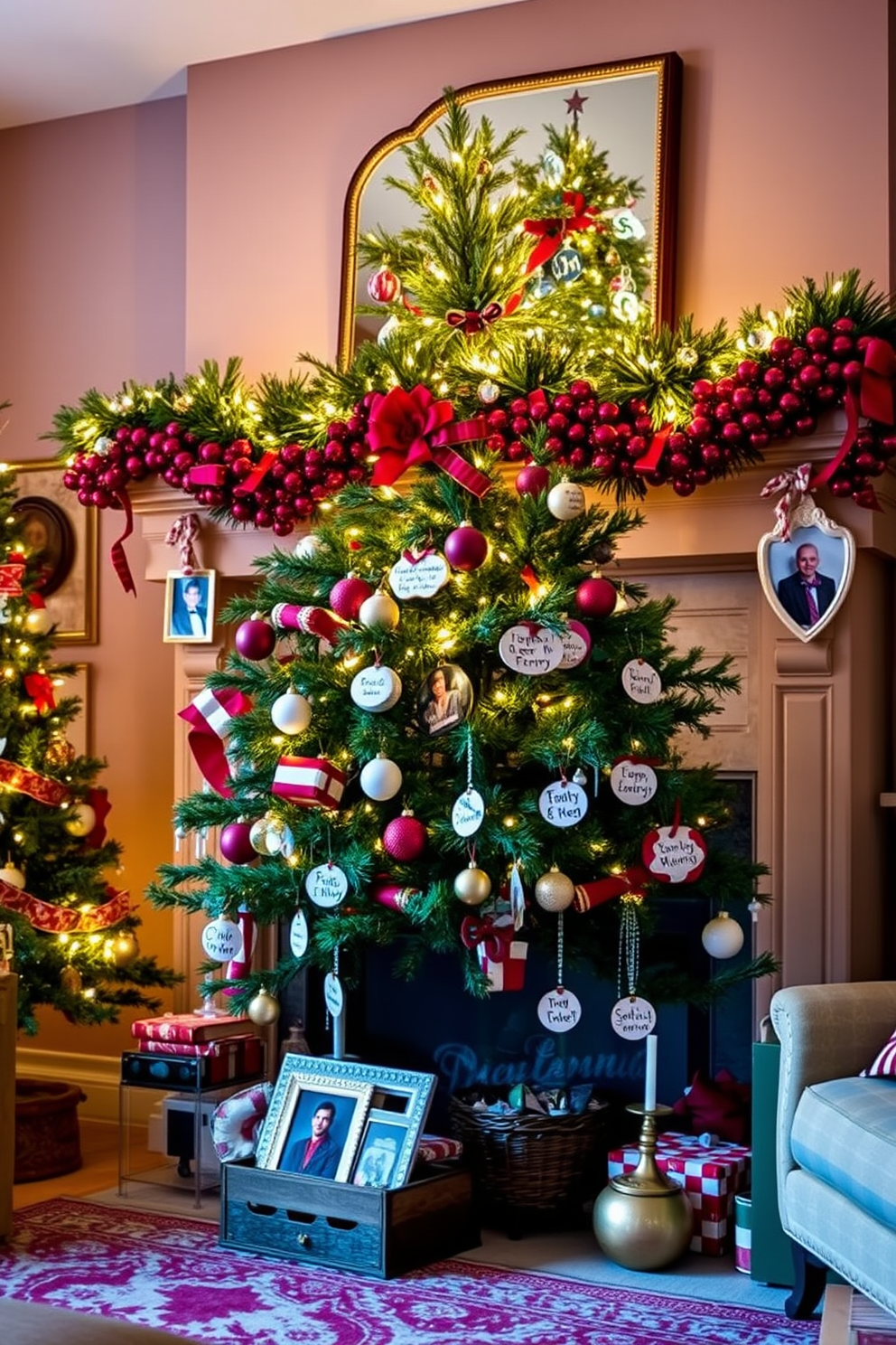 A cozy living room adorned with personalized ornaments that celebrate family memories. The tree is beautifully decorated with handmade ornaments, each telling a unique story, surrounded by soft twinkling lights. Festive garlands drape across the mantel, featuring family photos and cherished mementos. A warm, inviting color palette of reds and greens enhances the holiday spirit, creating a perfect backdrop for gatherings.