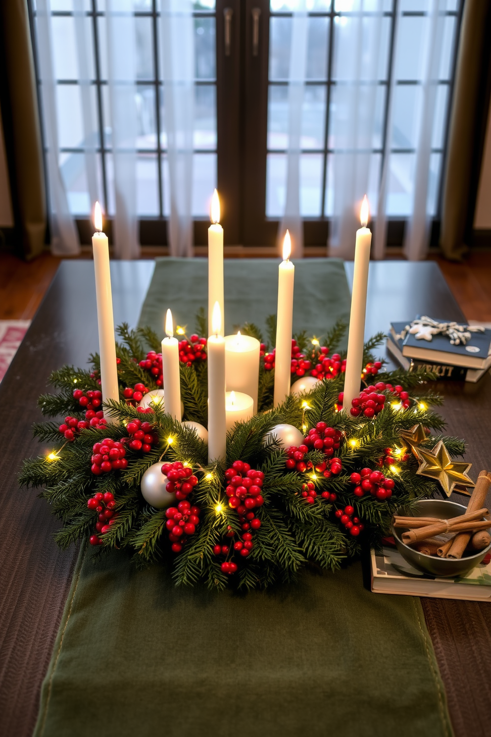 A festive coffee table centerpiece adorned with a mix of pine branches and bright red berries. Candles of varying heights are arranged in the center, surrounded by twinkling fairy lights and small ornaments. The table itself is covered with a soft, textured runner in deep green. A few carefully placed holiday-themed books and a decorative bowl filled with cinnamon sticks complete the charming arrangement.