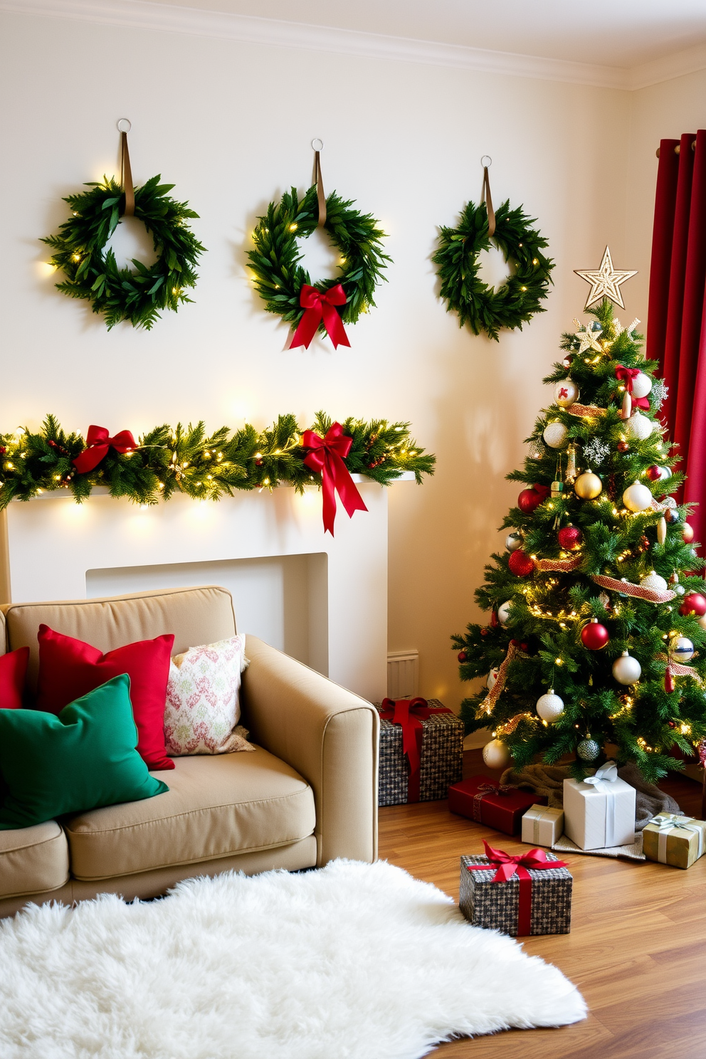 A cozy living room adorned with DIY wreaths made from fresh greenery. The wreaths hang on the wall and are complemented by twinkling fairy lights draped across the mantelpiece. The room features a plush sofa with festive red and green throw pillows. A beautifully decorated Christmas tree stands in the corner, surrounded by wrapped gifts and a soft white rug.