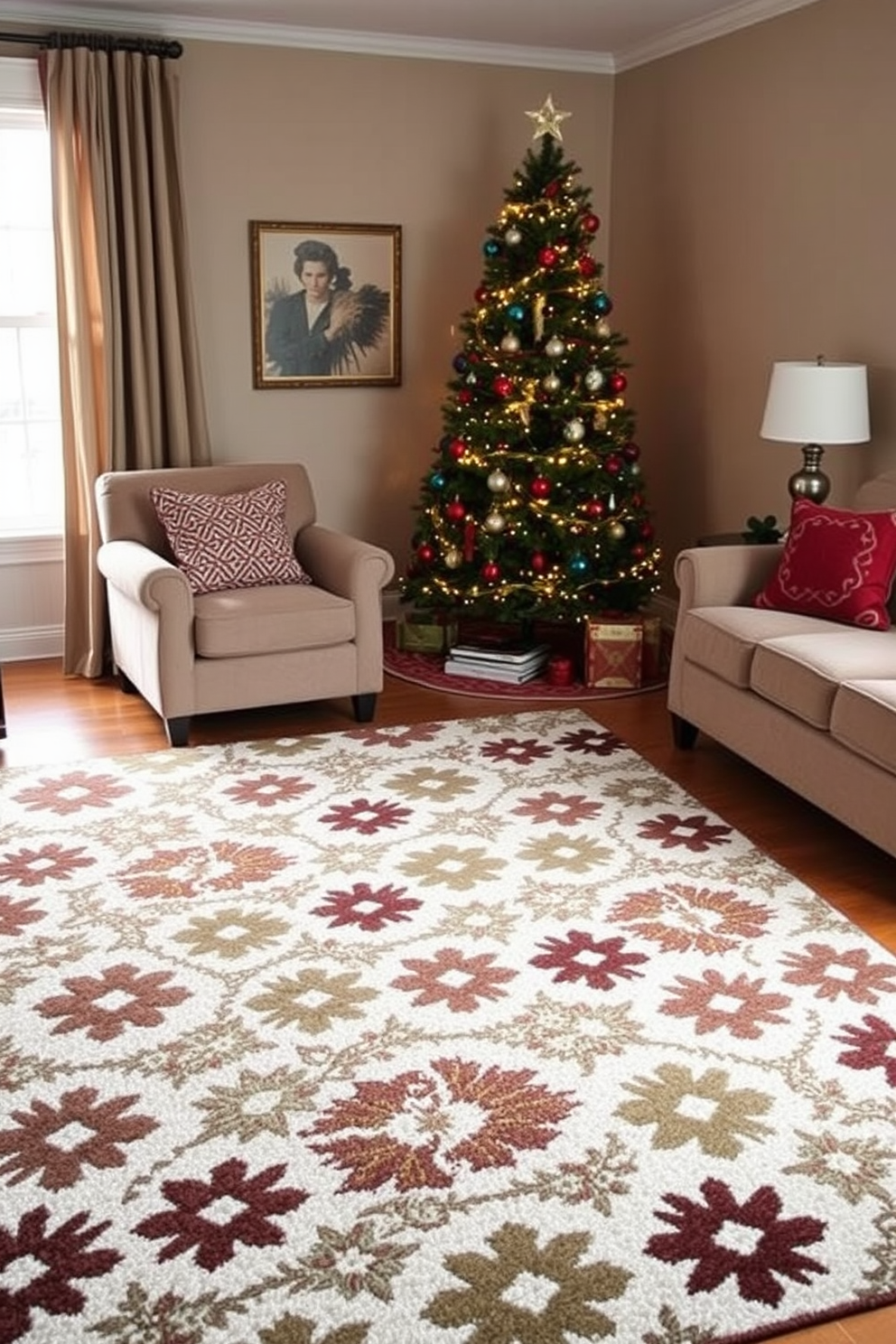 A cozy living room adorned with a bold patterned area rug that adds warmth and texture to the space. The room features a beautifully decorated Christmas tree in the corner, surrounded by twinkling lights and colorful ornaments, creating a festive atmosphere.