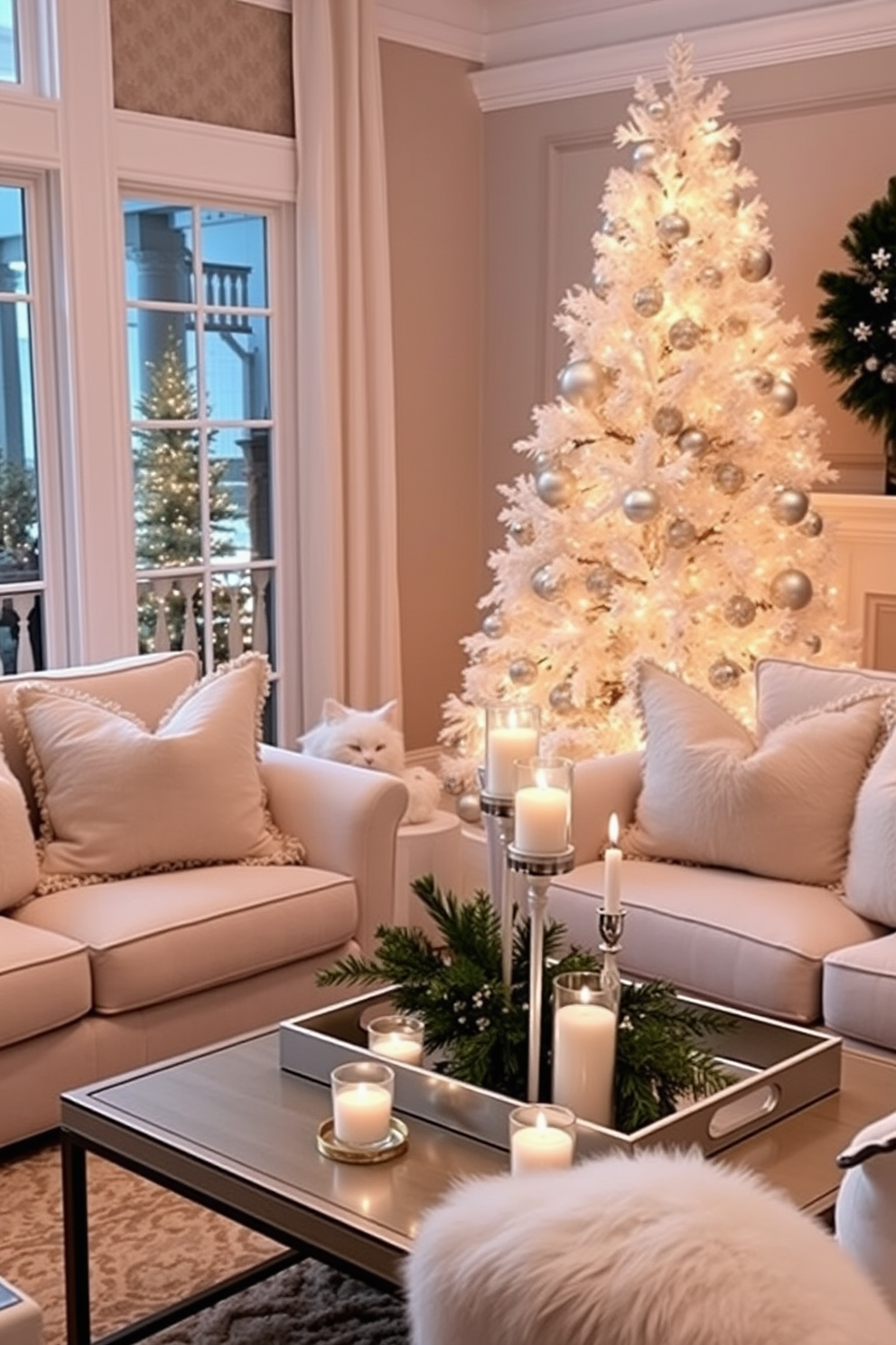 A beautifully decorated living room features an elegant white Christmas tree adorned with delicate silver and gold ornaments. Soft white lights twinkle throughout the branches, creating a warm and inviting glow that enhances the cozy atmosphere. Surrounding the tree, the room is filled with plush seating in neutral tones, accented with festive throw pillows. A stylish coffee table is topped with a decorative tray holding candles and seasonal greenery, completing the festive look.