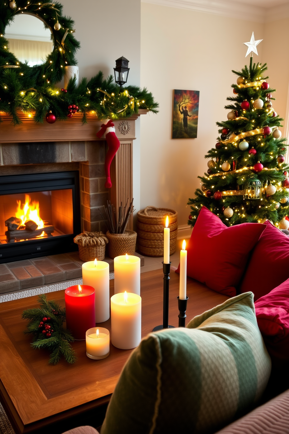 A cozy living room adorned for Christmas features a warm fireplace with a mantle decorated with evergreen garlands and twinkling fairy lights. On the coffee table, several scented pine and cinnamon candles create a festive atmosphere, their flickering flames casting a soft glow throughout the room. Plush throw pillows in rich red and green hues are scattered across a comfortable sofa, inviting relaxation. A beautifully decorated Christmas tree stands in the corner, adorned with ornaments and topped with a shining star, completing the holiday ambiance.