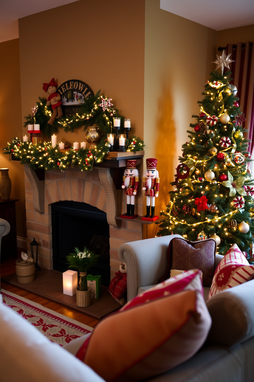 A cozy living room adorned for Christmas features traditional nutcracker figurines displayed prominently on a rustic wooden mantel. The room is filled with festive decorations, including a beautifully decorated tree and warm, twinkling lights that create an inviting atmosphere.