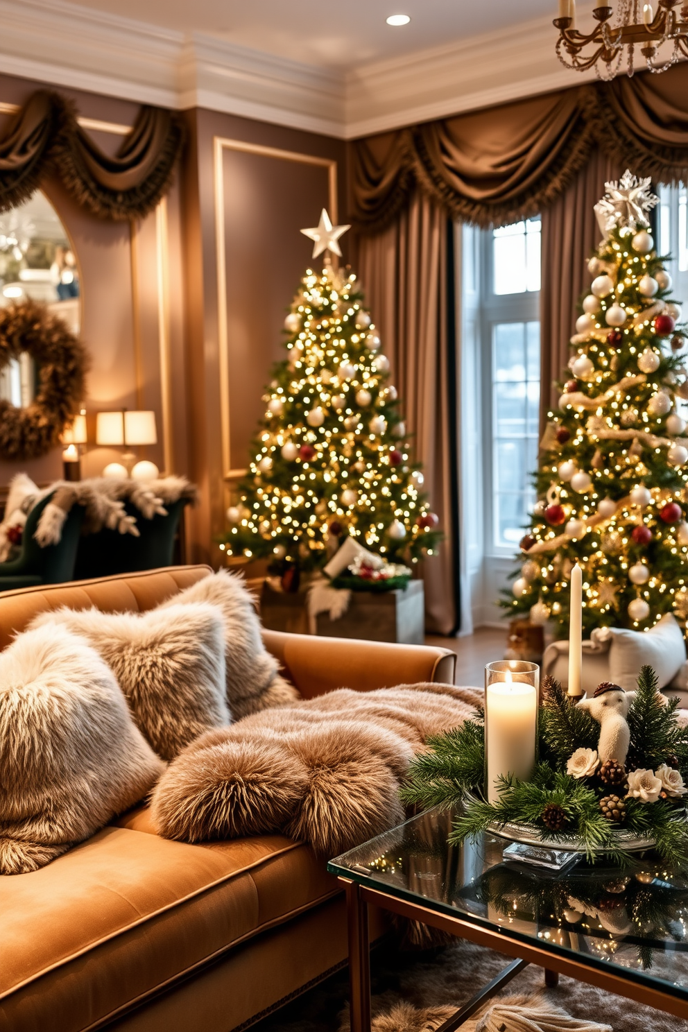 A luxurious living room adorned with faux fur accents creating a cozy and inviting atmosphere. Plush faux fur throw pillows are scattered across a velvet sofa, complemented by a soft faux fur blanket draped over the armrest. The room is elegantly decorated for Christmas, featuring a beautifully adorned tree in the corner with twinkling lights and shimmering ornaments. A festive centerpiece on the coffee table includes candles and seasonal greenery, enhancing the warm holiday ambiance.