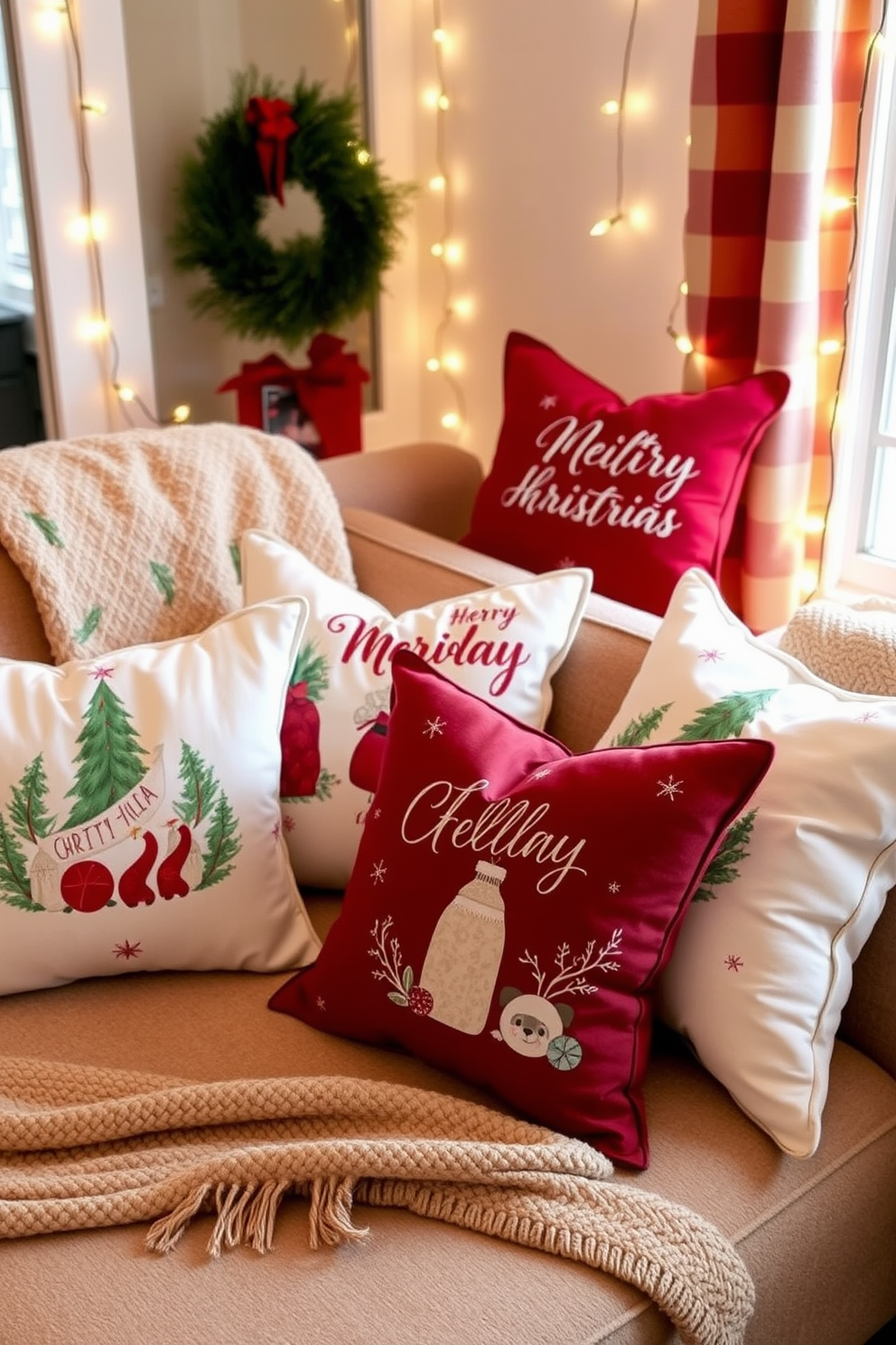 Cozy living room adorned with seasonal throw pillows featuring festive holiday motifs. The pillows are arranged on a plush sofa, complemented by a warm throw blanket and twinkling fairy lights draped around the room.