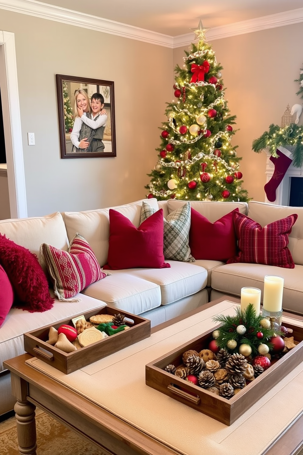 A cozy living room adorned for the holiday season features decorative trays filled with an assortment of festive treats. Plush throw pillows in rich red and green hues are scattered across a soft beige sofa, creating an inviting atmosphere. A beautifully decorated Christmas tree stands in the corner, twinkling with warm white lights and colorful ornaments. On the coffee table, a centerpiece of pinecones and candles adds a touch of seasonal charm.