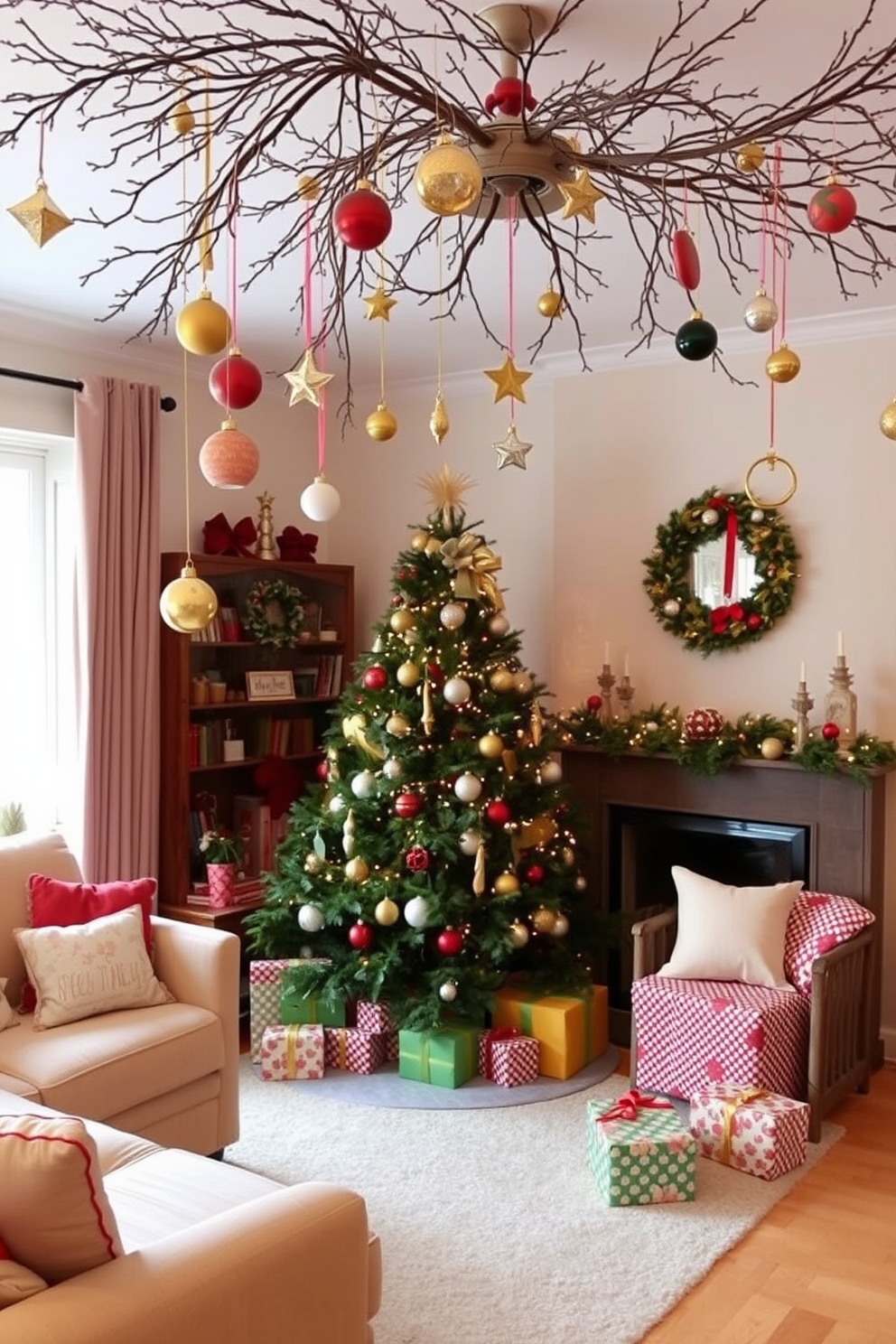 A cozy living room adorned for Christmas with hanging ornaments from the ceiling branches. The space features a beautifully decorated tree in the corner, surrounded by presents wrapped in festive paper.