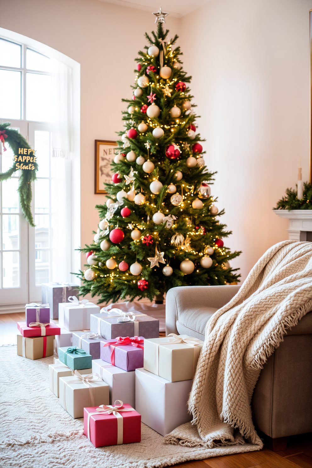 A cozy living room adorned for Christmas. There are artfully arranged gift boxes of various sizes and colors placed neatly under a beautifully decorated tree. The tree is adorned with twinkling lights and elegant ornaments. Soft, warm blankets are draped over a plush sofa, creating an inviting atmosphere.