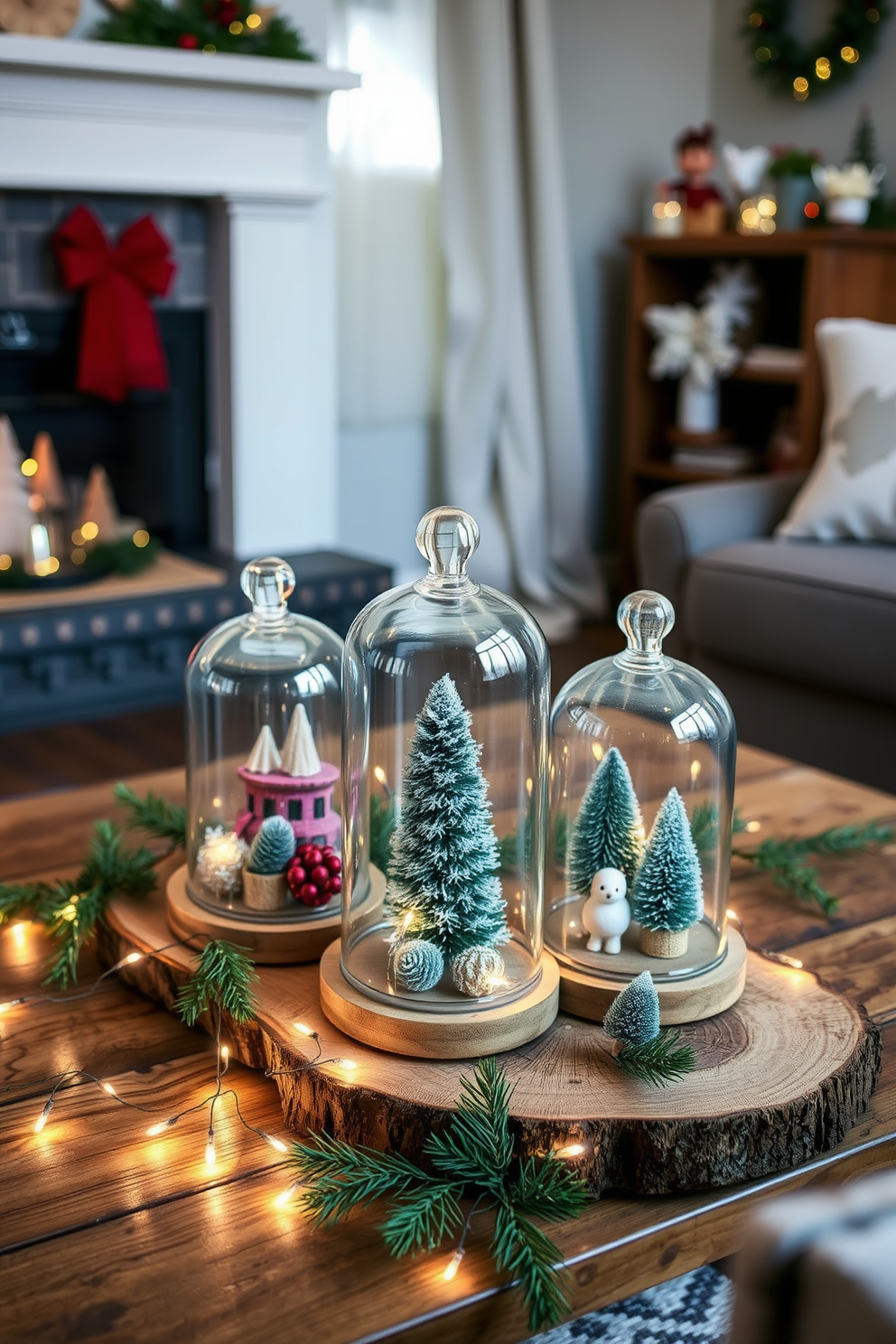 Create a cozy living room adorned with glass cloches filled with festive holiday decorations. The cloches are placed on a rustic wooden coffee table, surrounded by twinkling fairy lights and seasonal greenery.