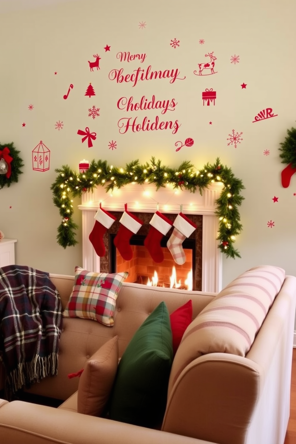 Charming holiday-themed wall decals adorn the living room walls, creating a festive atmosphere. A cozy sofa is draped with a plaid blanket, and colorful throw pillows add a cheerful touch. The fireplace is decorated with garlands and stockings, enhancing the warm ambiance of the space. Twinkling fairy lights are strung along the mantel, casting a soft glow throughout the room.