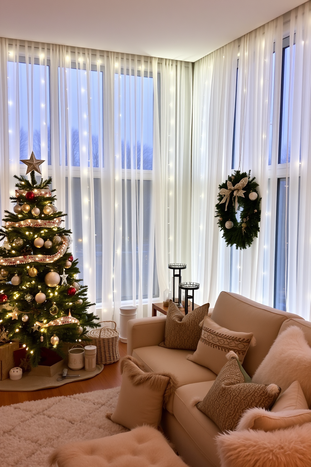 A cozy living room adorned for Christmas features large windows dressed with sheer white curtains that softly diffuse the crisp white lights surrounding them. A beautifully decorated tree stands in the corner, adorned with elegant ornaments and twinkling lights, while a plush rug anchors the seating area filled with festive throw pillows.