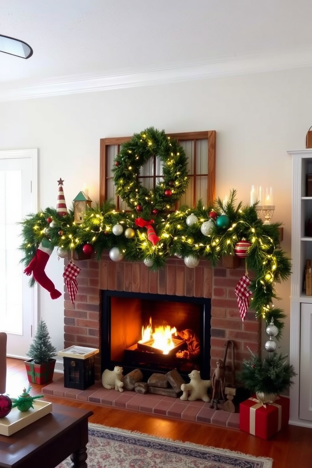 A cozy living room adorned for Christmas features a rustic wooden mantel decorated with a lush garland. The mantel is complemented by twinkling fairy lights and a collection of festive ornaments, creating a warm and inviting atmosphere.