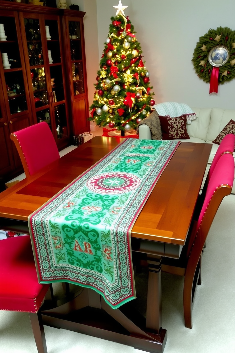 A festive table runner adorned with intricate holiday patterns stretches elegantly across a polished wooden dining table. Surrounding the table are plush upholstered chairs in rich red fabric, adding warmth and comfort to the festive setting. In the living room, a beautifully decorated Christmas tree stands tall in the corner, twinkling with string lights and colorful ornaments. Cozy throws and decorative pillows in seasonal colors are arranged on a soft sofa, creating an inviting atmosphere for family gatherings.