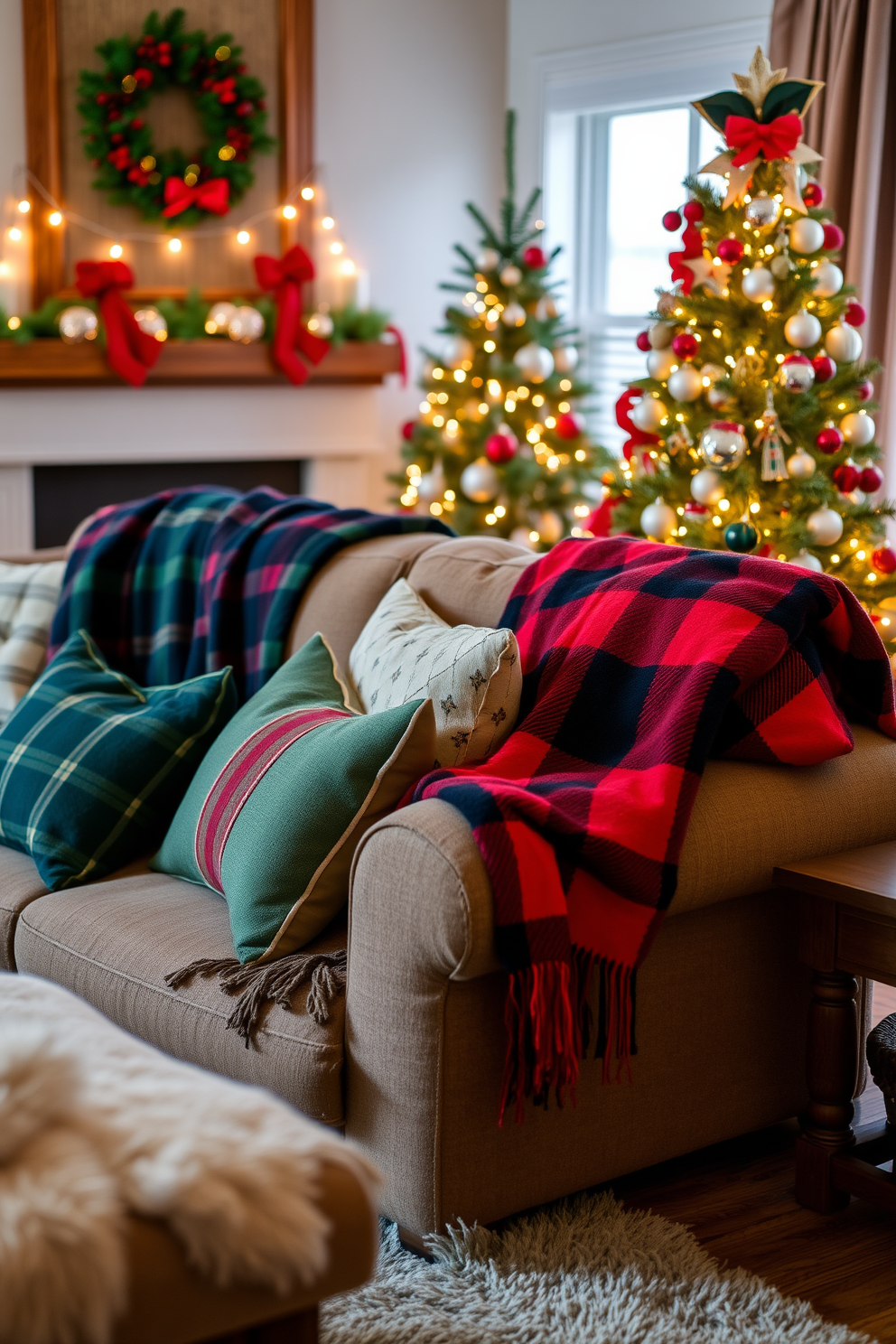 A cozy living room adorned with plaid throw blankets draped over a plush sofa. Decorative pillows in complementary colors are scattered across the seating, creating an inviting atmosphere. Festive Christmas decorations enhance the warmth of the space, with a beautifully adorned tree in the corner. String lights twinkle softly, casting a warm glow on the rich wooden accents throughout the room.