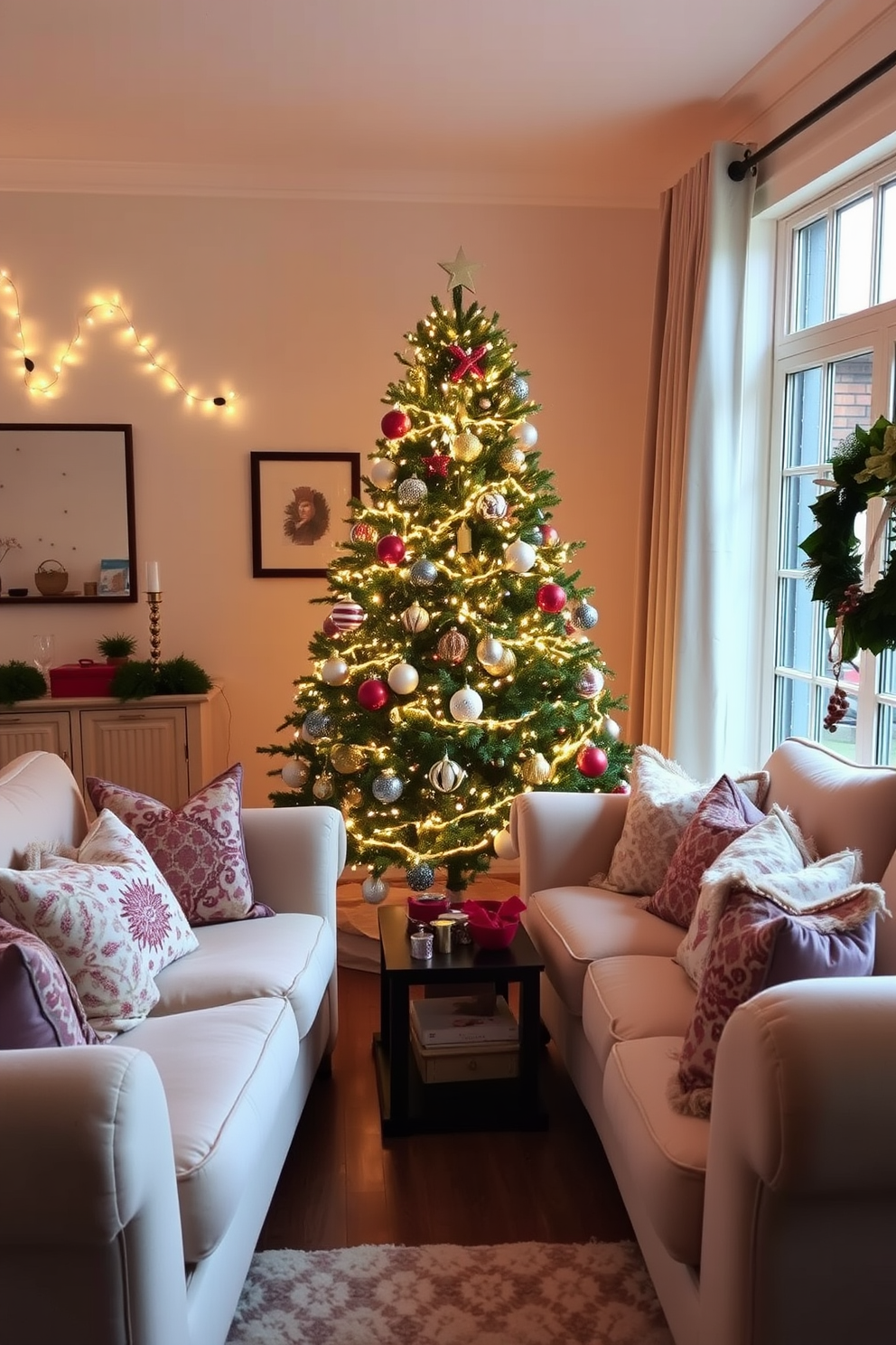 A cozy living room adorned for Christmas features a beautifully decorated tree draped in twinkling fairy lights. Plush sofas are arranged around the tree, complemented by festive throw pillows and a warm, inviting color palette.