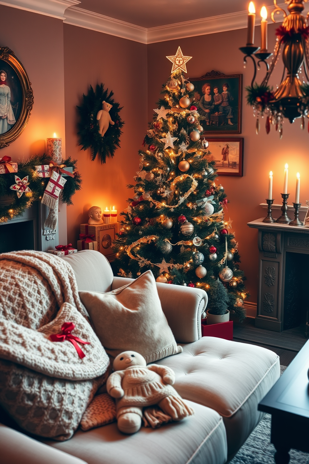 A cozy living room adorned with vintage ornaments that evoke a sense of nostalgia. The space features a beautifully decorated Christmas tree, surrounded by wrapped gifts and twinkling fairy lights. A plush sofa is draped with a soft, knitted blanket, and a collection of antique ornaments are displayed on the mantelpiece. The warm glow of candlelight enhances the festive atmosphere, creating a welcoming environment for holiday gatherings.