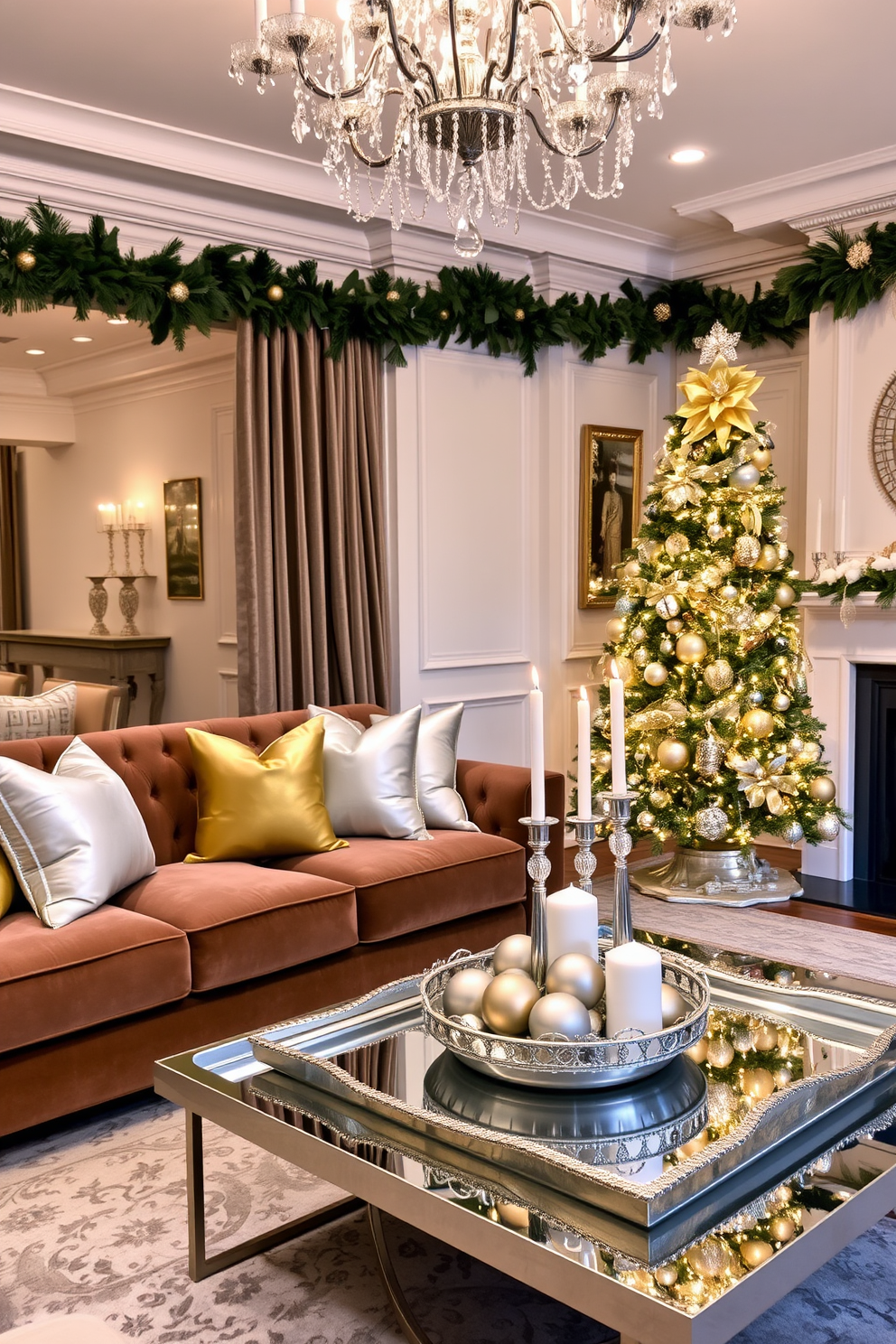 A luxurious living room decorated for Christmas featuring a plush velvet sofa adorned with gold and silver throw pillows. The space is illuminated by a stunning chandelier with metallic accents, and a beautifully decorated Christmas tree stands in the corner, adorned with shimmering ornaments and twinkling lights. The coffee table is elegantly set with a silver tray holding festive candles and a decorative bowl filled with ornaments. Rich green garlands with gold accents drape over the mantel, creating a warm and inviting holiday atmosphere.