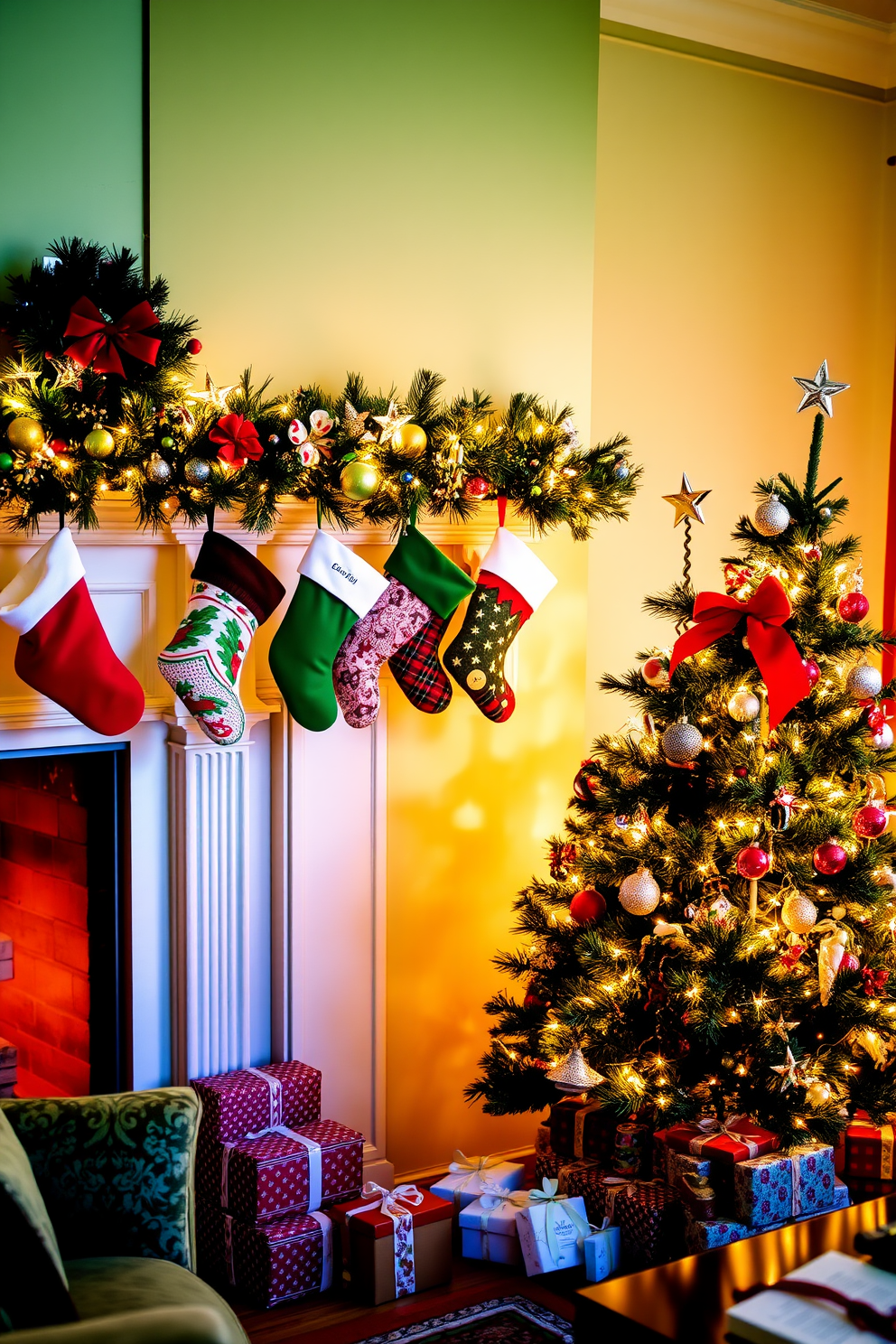 A cozy living room adorned for Christmas features a classic fireplace with a beautiful mantle. Brightly colored stockings hang cheerfully from the mantle, each uniquely designed with festive patterns and textures. The room is filled with warm, inviting light from the fireplace, creating a perfect ambiance for the holiday season. A beautifully decorated Christmas tree stands nearby, surrounded by wrapped gifts and twinkling fairy lights.