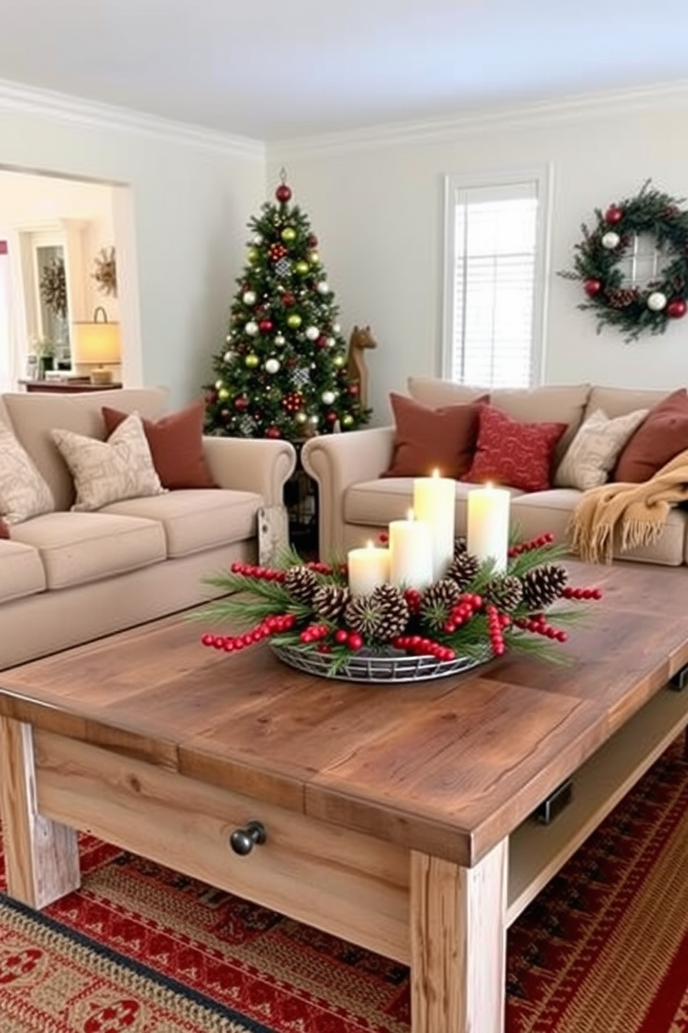 A cozy living room adorned for Christmas featuring natural elements like pinecones and berries. A large, plush sofa is decorated with festive throw pillows and a warm blanket, while a rustic coffee table displays a centerpiece of pinecones, berries, and candles.