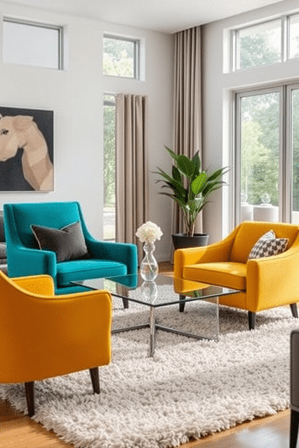 A stylish living room featuring accent chairs in contrasting colors. One chair is a vibrant teal while the other is a warm mustard yellow, creating a striking visual balance. The chairs are positioned around a sleek glass coffee table, surrounded by a plush area rug that ties the room together. Large windows allow natural light to flood in, highlighting the modern artwork on the walls.