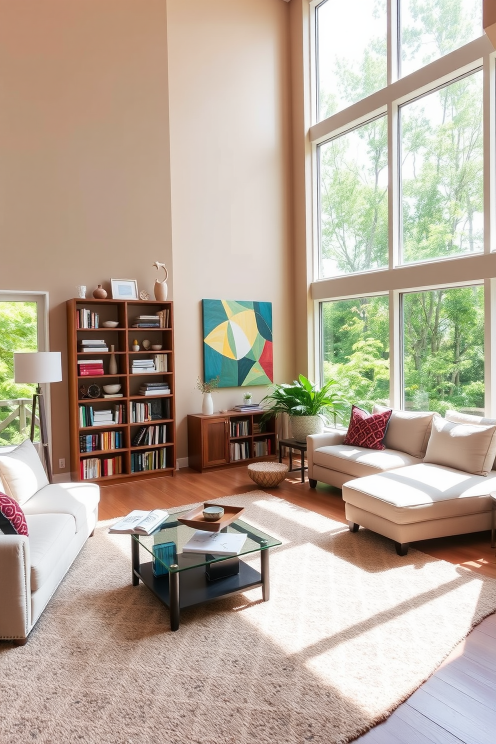 A spacious living room filled with natural light streaming through large floor-to-ceiling windows. The room features a plush sectional sofa in a soft neutral fabric, paired with a sleek glass coffee table and a cozy area rug. On one side, a stylish bookshelf filled with curated decor and books adds character to the space. The walls are painted in a warm beige tone, complemented by vibrant artwork that enhances the room's inviting atmosphere.