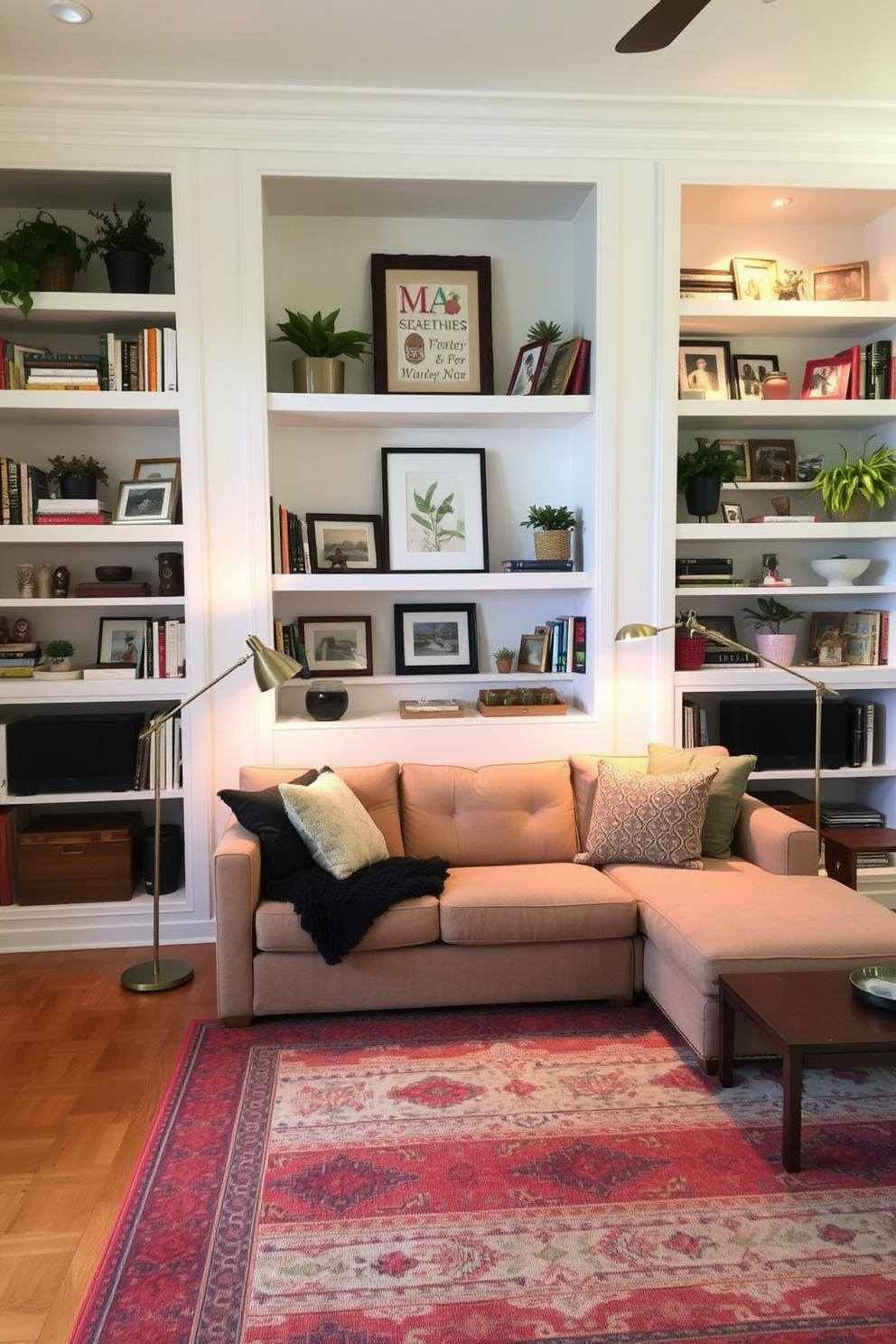 A warm and inviting living room features built-in shelves that stretch from floor to ceiling. The shelves are filled with an eclectic mix of decorative objects, including books, art pieces, and potted plants that add character and charm. A plush sectional sofa in a neutral tone is positioned in front of the shelves, complemented by a colorful area rug that anchors the space. Soft lighting from stylish floor lamps creates a cozy ambiance, making the room perfect for relaxation and entertaining.