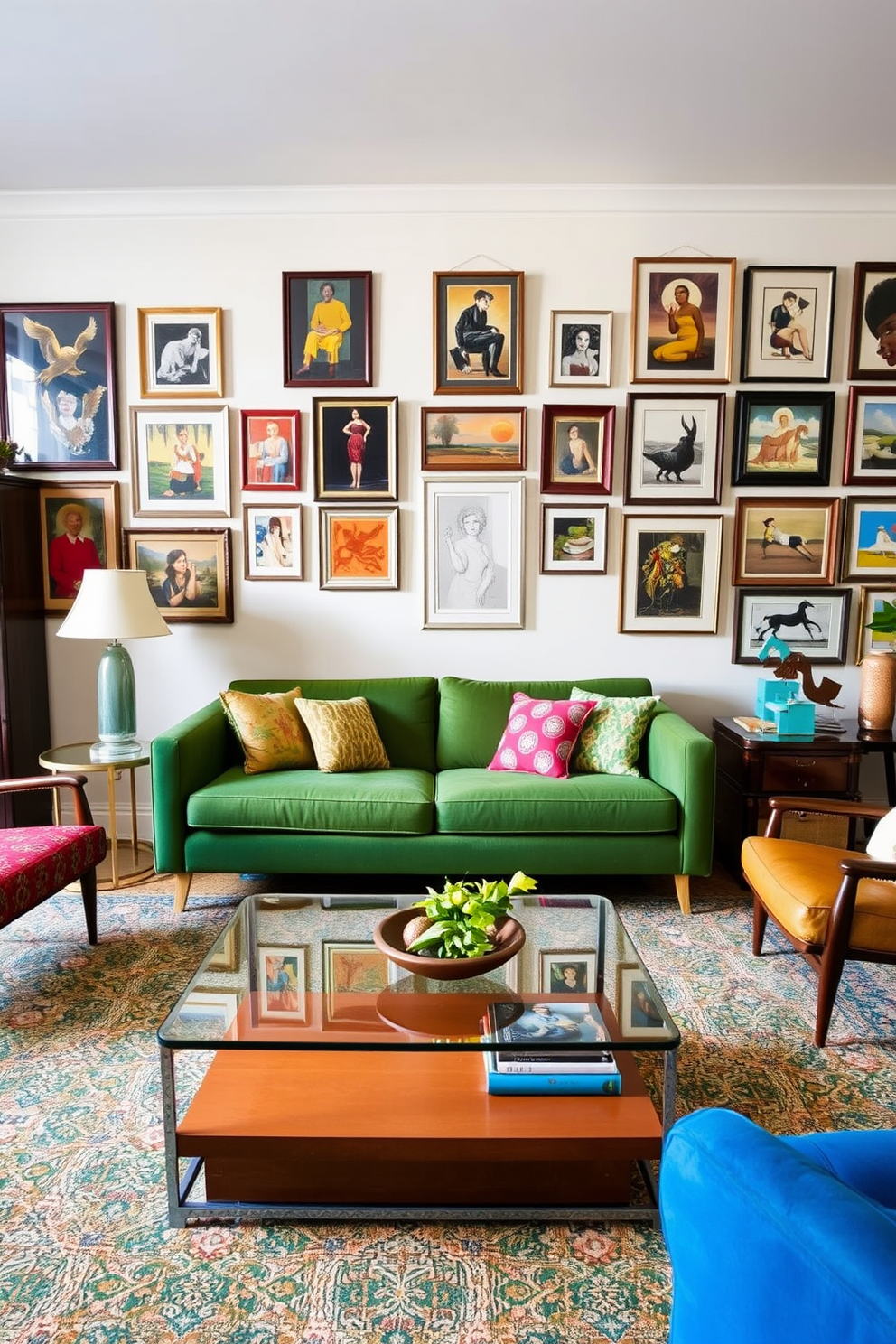 A vibrant living room featuring an eclectic mix of vintage and modern pieces. A mid-century sofa in a bold color contrasts with a sleek contemporary coffee table made of glass and metal. On one side, a vintage armchair is paired with a modern floor lamp that has an artistic design. The walls are adorned with a gallery of framed artwork, showcasing a blend of styles and eras.