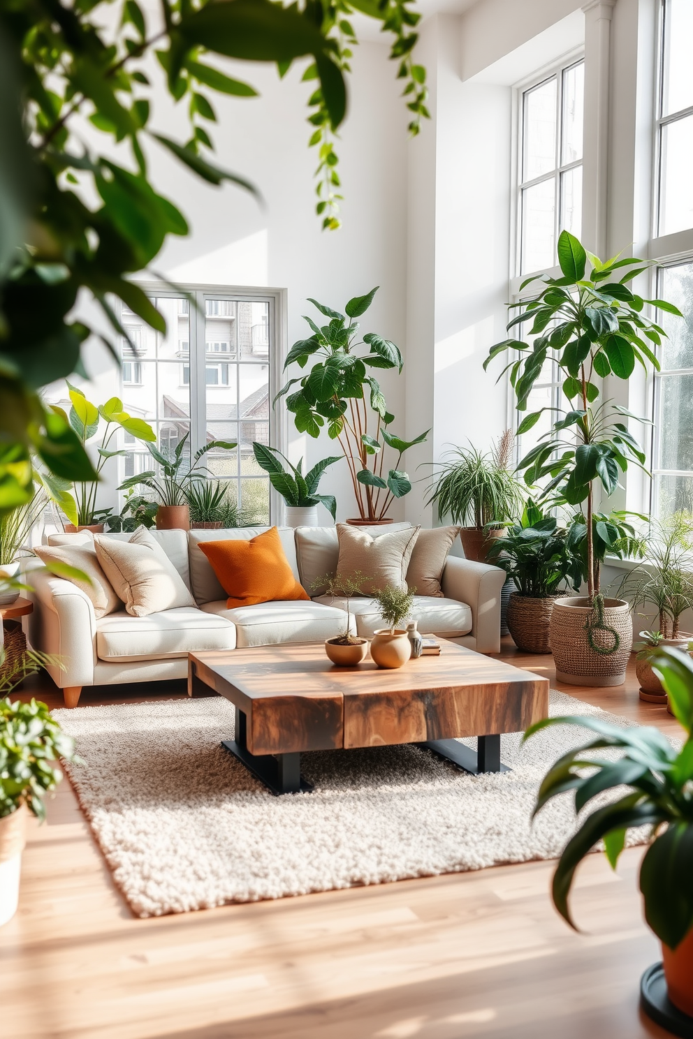 A bright and airy living room filled with various indoor plants that bring a fresh and vibrant atmosphere. The space features a large window that allows natural light to flood in, highlighting the lush greenery. A cozy sectional sofa in a neutral tone is positioned to face a sleek coffee table made of reclaimed wood. Decorative throw pillows in earthy colors complement the natural elements, while a large indoor plant stands elegantly in the corner.