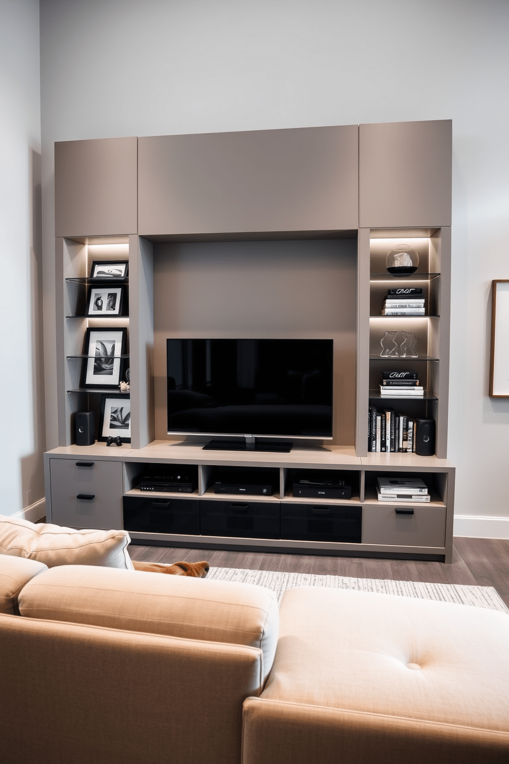 A sleek entertainment center designed with clean lines and a modern finish. The unit features hidden storage compartments that blend seamlessly into the overall aesthetic of the living room. The centerpiece includes a large flat-screen TV mounted above, surrounded by decorative shelving that showcases art pieces and books. A plush sectional sofa in a neutral tone faces the entertainment center, creating an inviting space for relaxation and entertainment.