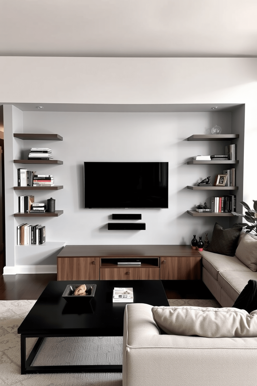 A modern living room featuring a wall-mounted TV that serves as the focal point of the space. Floating shelves are arranged around the TV, displaying an array of books and decorative items, creating a stylish and organized look. The walls are painted in a light gray tone, enhancing the room's brightness and openness. A plush sectional sofa in a neutral fabric invites relaxation, complemented by a sleek coffee table in a contrasting dark wood finish.