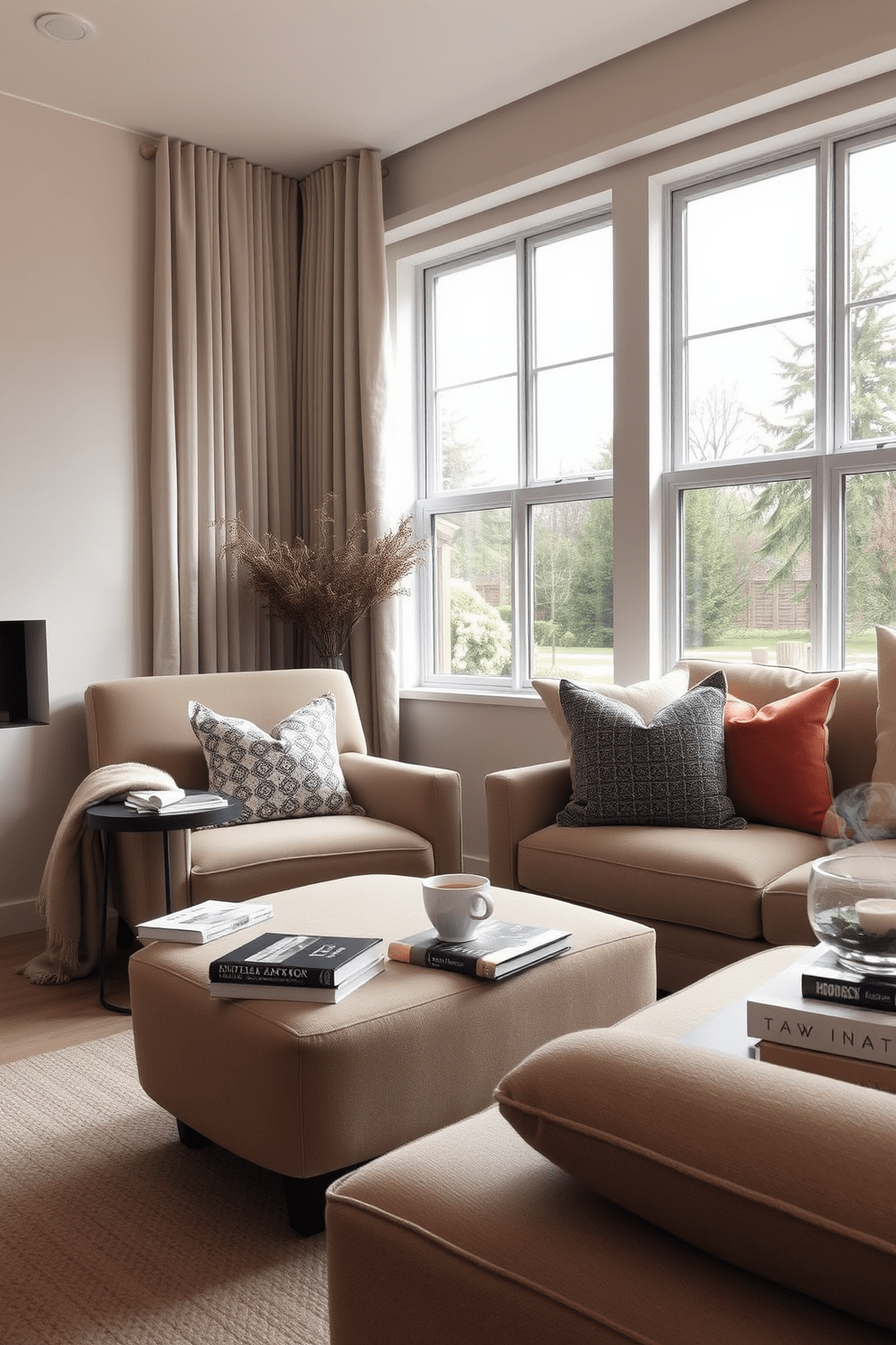 A cozy reading nook by the window features a plush armchair upholstered in soft fabric. A small side table holds a stack of books and a steaming cup of tea, while a warm throw blanket drapes over the arm of the chair. The living room design incorporates a neutral color palette with pops of color from decorative pillows. Large windows allow natural light to fill the space, highlighting a stylish coffee table and a comfortable sectional sofa.