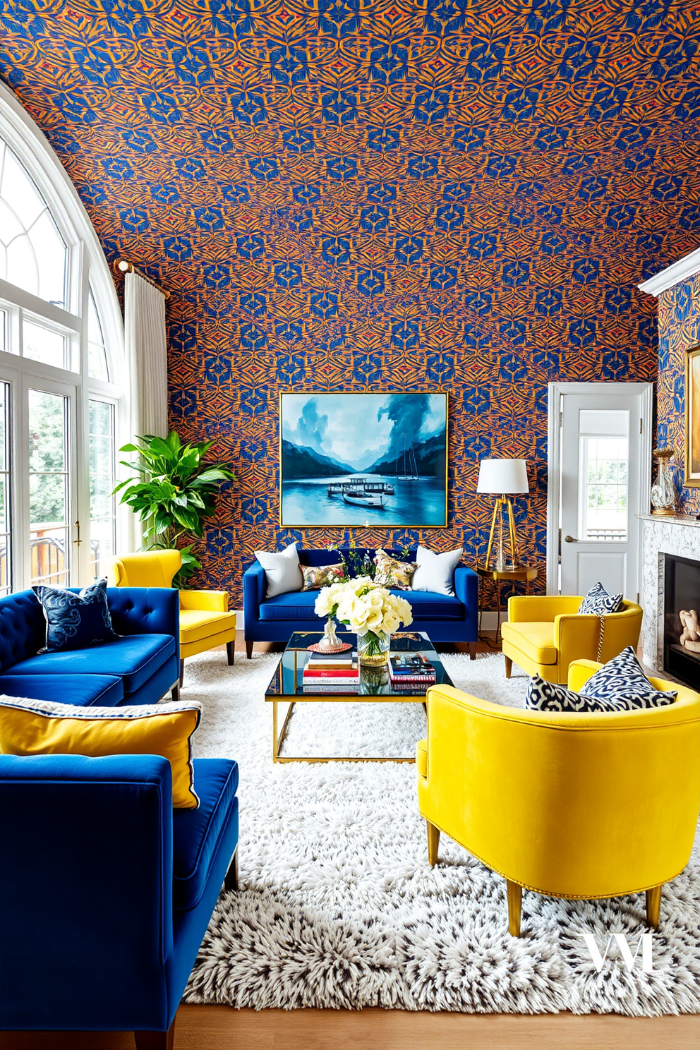 A living room adorned with bold wallpaper that features an intricate geometric pattern in vibrant colors. The furniture includes a plush velvet sofa in deep blue, complemented by a pair of striking yellow armchairs that create a stunning contrast. A large coffee table made of glass and gold accents sits in the center, surrounded by a plush area rug with a contemporary design. Floor-to-ceiling windows allow natural light to flood the space, highlighting the unique decor pieces and artwork that add personality to the room.