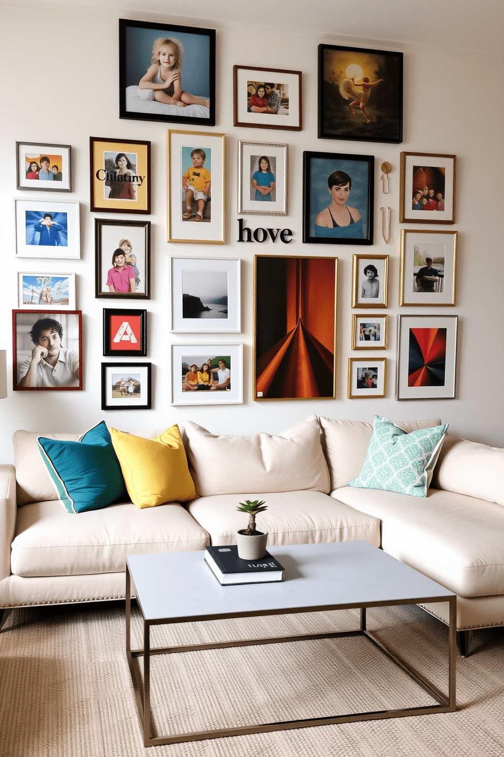 A gallery wall featuring a mix of family photos and art pieces in various frames creates a personal and inviting atmosphere. The wall is painted in a soft white, allowing the colors of the artwork and photographs to stand out beautifully. In the living room, a plush sectional sofa in a neutral tone is complemented by vibrant accent pillows. A sleek coffee table sits in the center, adorned with a stylish book and a small potted plant for a touch of greenery.