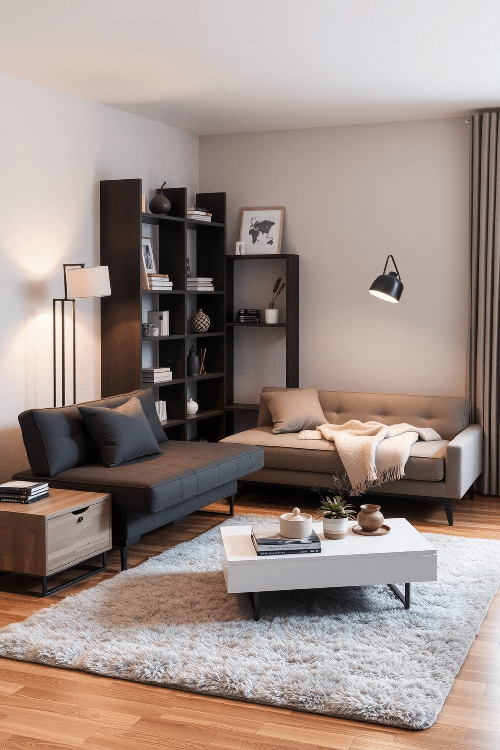 A cozy living room featuring multifunctional furniture that maximizes space. A sleek sofa bed sits against the wall, paired with a coffee table that doubles as storage. A stylish bookshelf serves as a room divider, showcasing decorative items and books. Soft lighting from a floor lamp creates an inviting atmosphere, while a plush area rug adds warmth to the wooden floor.