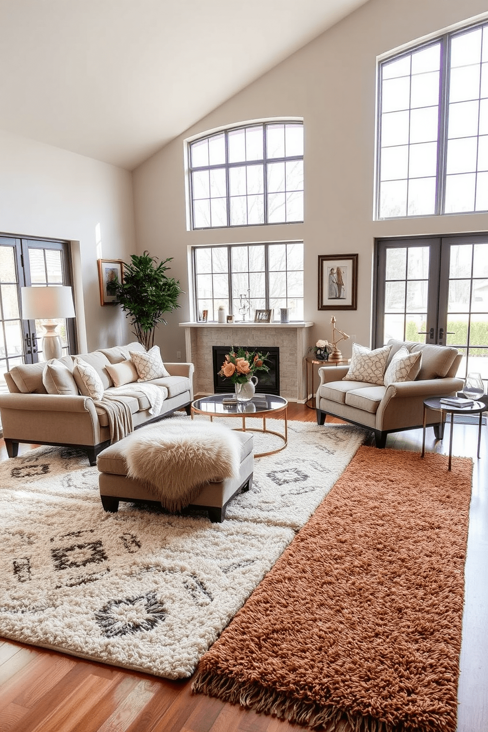 A cozy living room featuring soft area rugs that provide comfort underfoot. The rugs are layered in various textures and colors, creating a warm and inviting atmosphere. Plush seating arrangements are complemented by accent pillows that enhance the overall aesthetic. Large windows allow natural light to flood the space, highlighting the elegant decor and inviting ambiance.