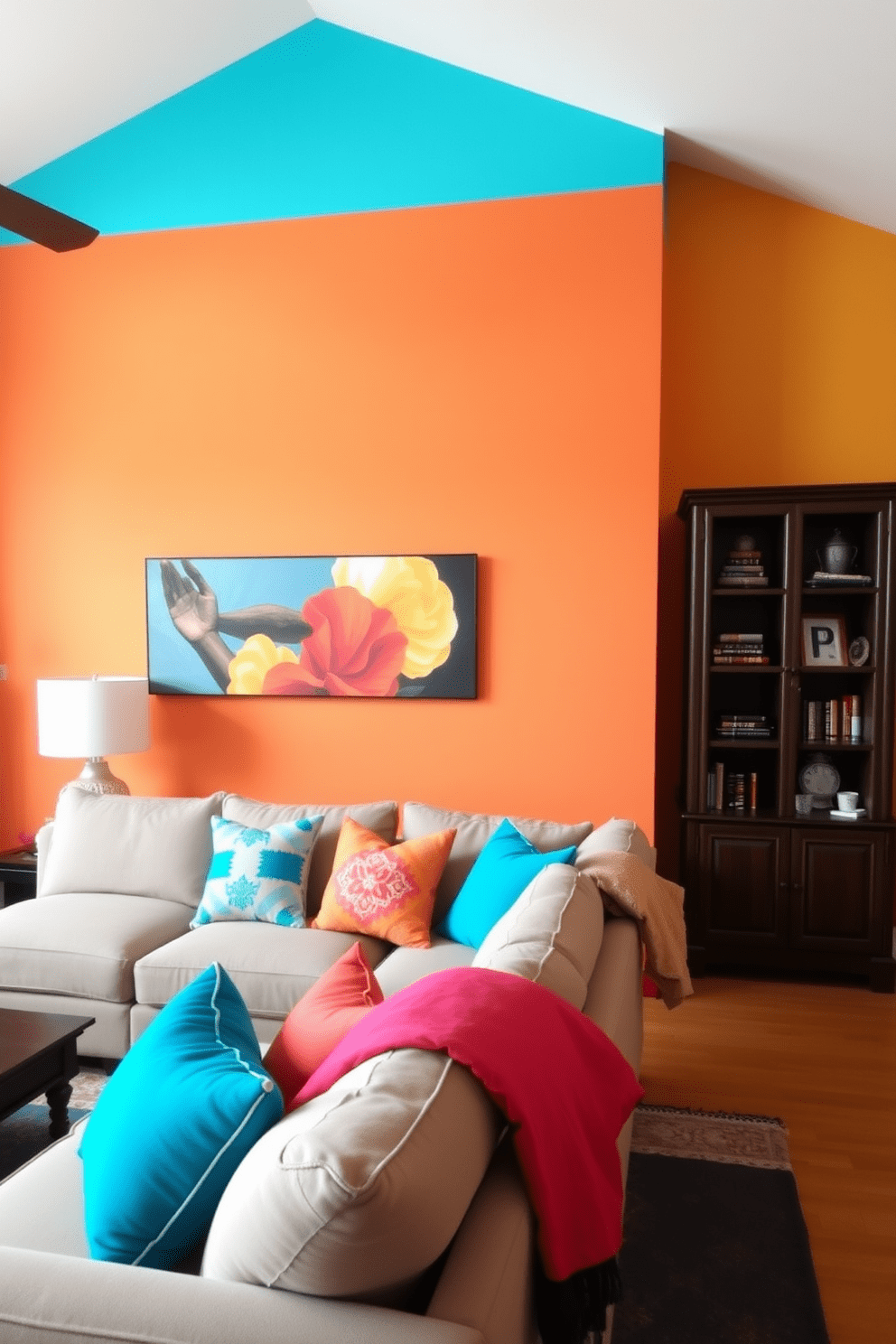 Brightly colored accent wall adds vibrancy to the living room. The wall features a bold hue such as turquoise or coral, creating a striking focal point. Complementing the accent wall, the furniture is arranged for comfort and style. A plush sectional sofa in neutral tones balances the vivid backdrop, while colorful throw pillows enhance the lively atmosphere.