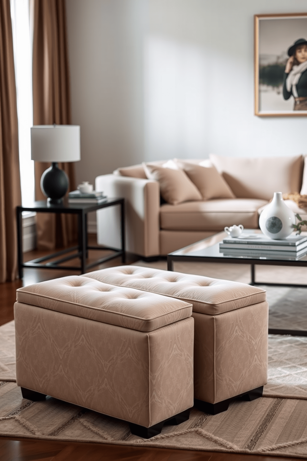 A stylish living room featuring a pair of elegant ottomans that provide extra seating. The ottomans are upholstered in a soft fabric with a subtle geometric pattern, positioned near a plush sectional sofa and a sleek coffee table.