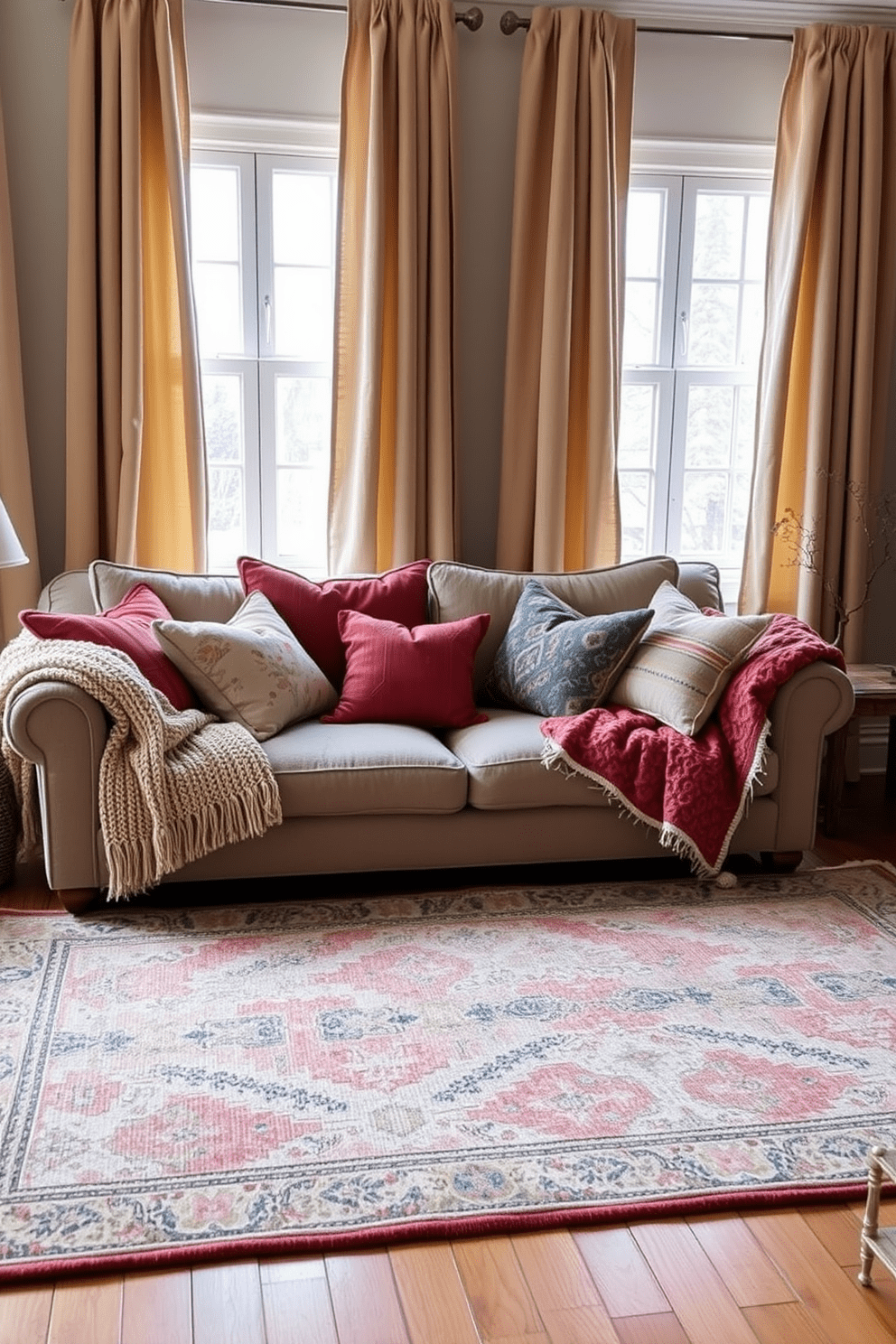 A cozy living room filled with layered textiles that create depth and comfort. A plush sofa is adorned with an array of colorful throw pillows and a soft knitted blanket draped over one arm. A large area rug anchors the space, featuring a mix of patterns and textures that invite relaxation. Floor-to-ceiling curtains frame the windows, allowing natural light to filter in softly while adding warmth to the room.