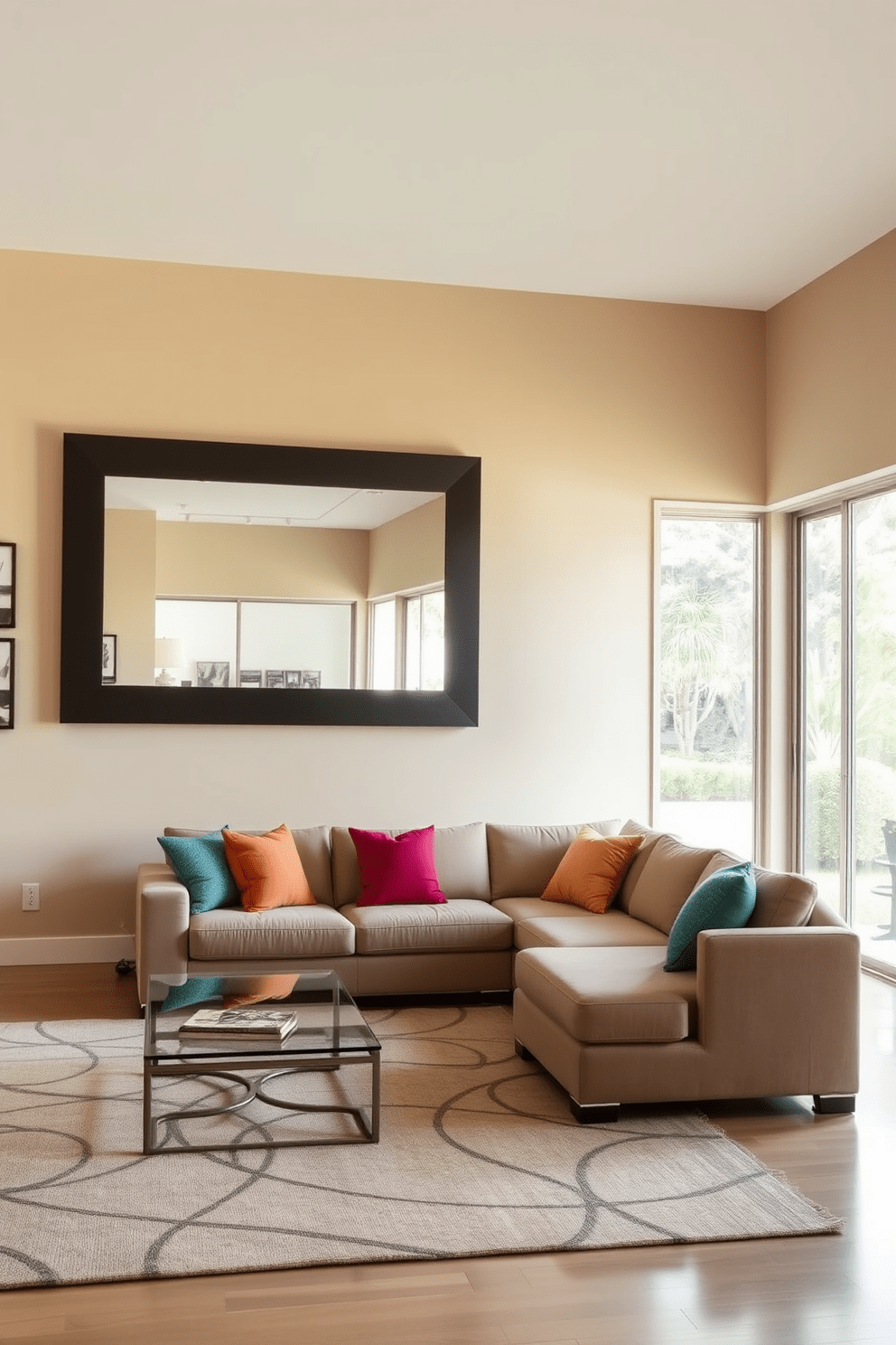 A modern living room featuring an oversized wall mirror that reflects natural light and creates an illusion of depth. The space is adorned with a plush sectional sofa in a neutral tone, complemented by vibrant throw pillows and a sleek coffee table made of glass and metal. The walls are painted in a soft beige, providing a warm backdrop for the contemporary artwork displayed. A stylish area rug anchors the seating arrangement, while floor-to-ceiling windows offer a view of the lush outdoor landscape.