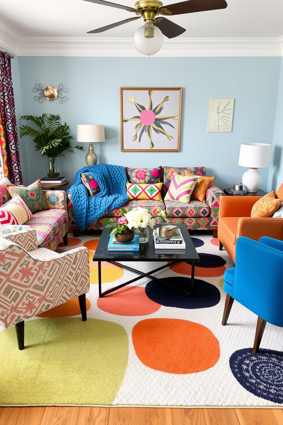 A vibrant living room filled with playful patterns in cushions and throws. The sofa is adorned with a mix of bright geometric and floral designs, while a cozy knitted throw adds texture and warmth. A large area rug features abstract shapes in complementary colors, anchoring the space. A stylish coffee table sits in the center, surrounded by mismatched accent chairs that enhance the eclectic feel.