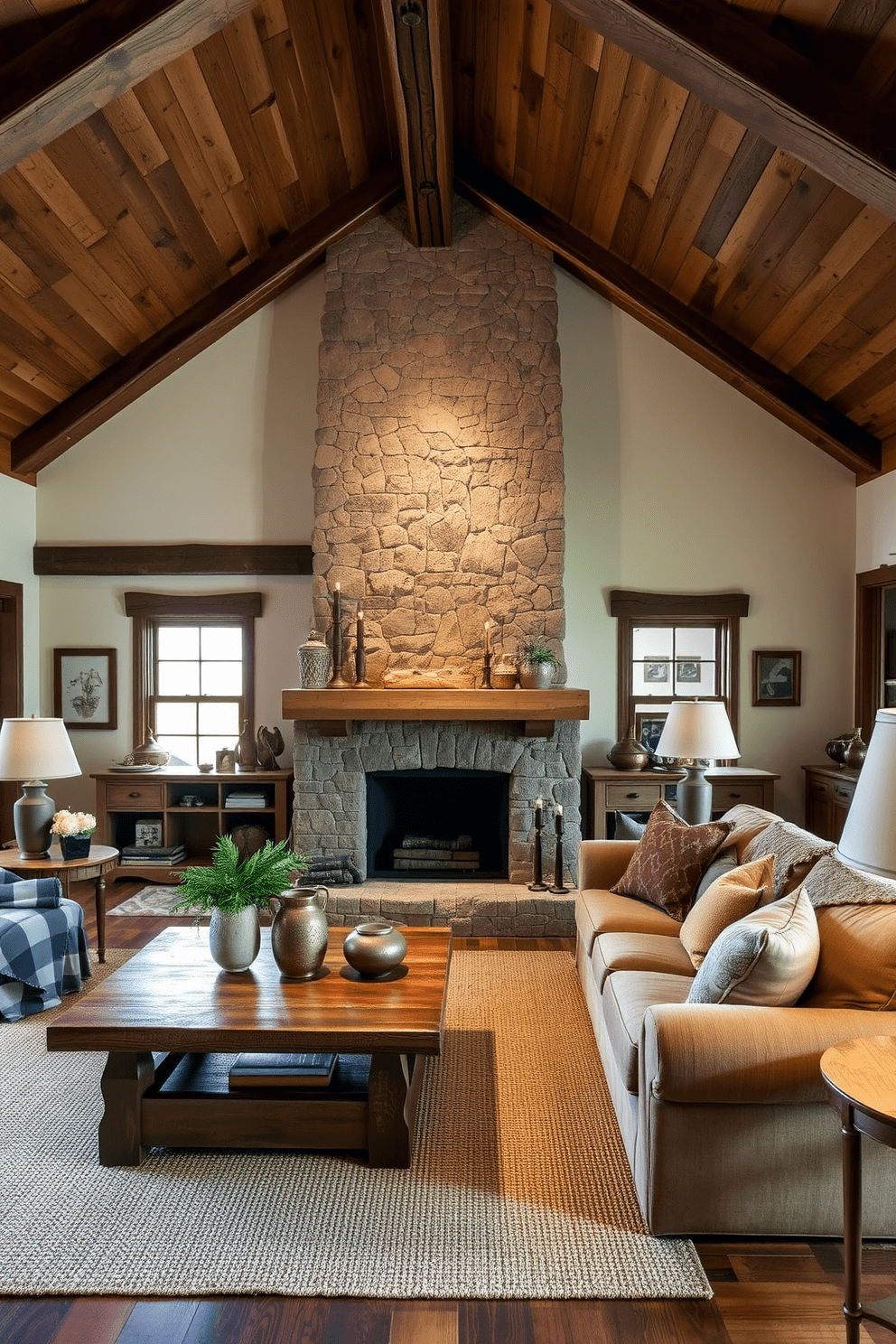 A cozy living room featuring rustic elements such as exposed wooden beams on the ceiling and a stone fireplace as the focal point. The furniture includes a large, comfortable sectional sofa in earthy tones paired with a reclaimed wood coffee table and a woven area rug underfoot. Soft, warm lighting from vintage-style lamps creates an inviting atmosphere. Decorative accents like handmade pottery and a collection of nature-inspired artwork adorn the walls, enhancing the homey vibe.