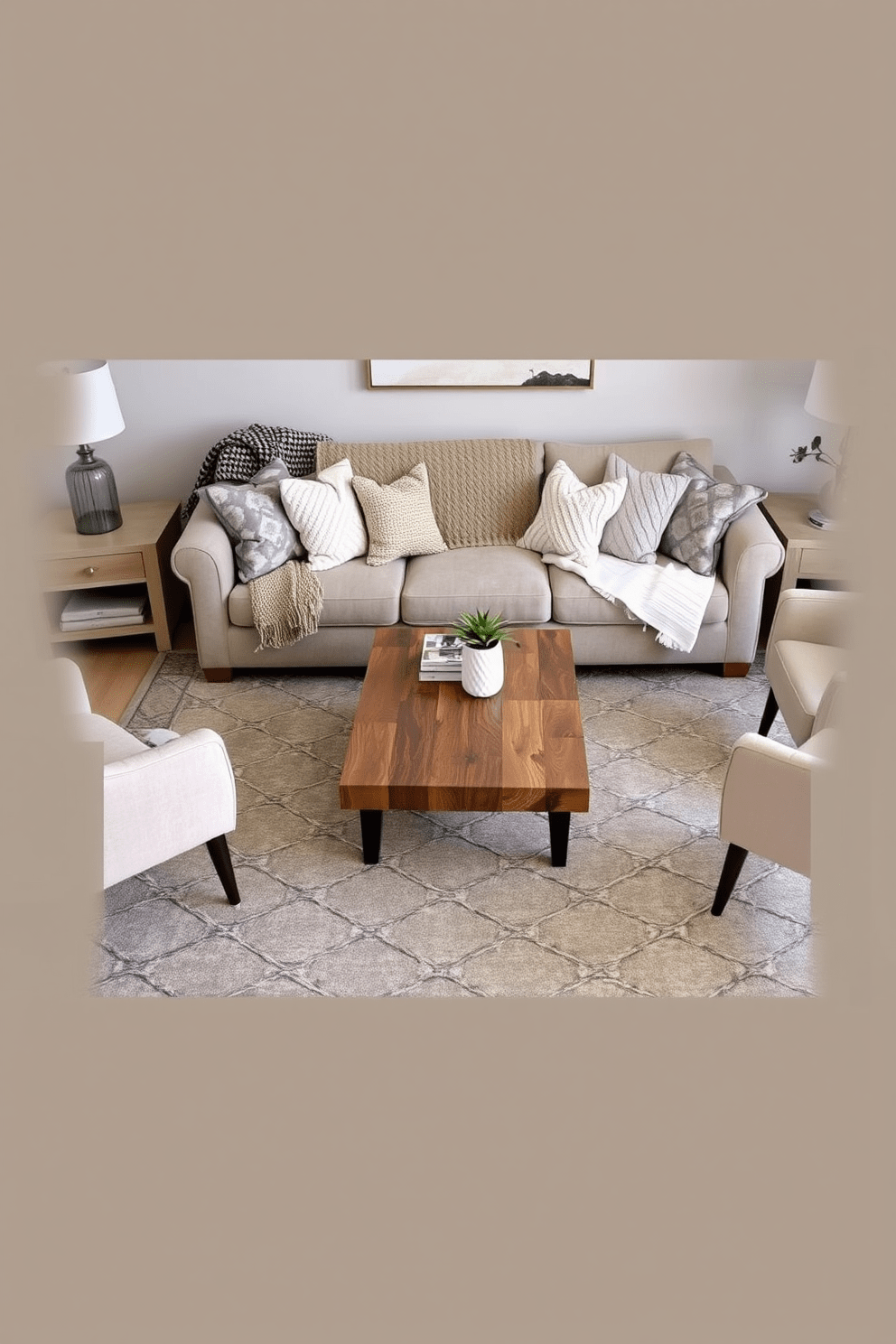 A cozy living room setting featuring a plush sofa adorned with various textured throw blankets in soft neutral tones. A large area rug anchors the space, while a coffee table made of reclaimed wood sits in the center, surrounded by stylish accent chairs.