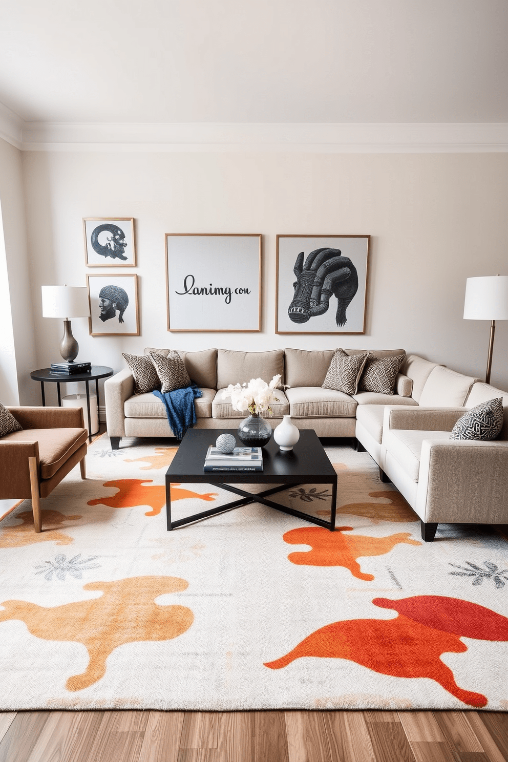 A statement rug anchors the space in the living room, adding a bold splash of color and texture. Surrounding the rug, a plush sectional sofa creates a cozy seating area, complemented by a pair of stylish accent chairs. The walls are adorned with art pieces that reflect personal style, enhancing the overall aesthetic. A sleek coffee table sits at the center, topped with decorative books and a chic centerpiece.