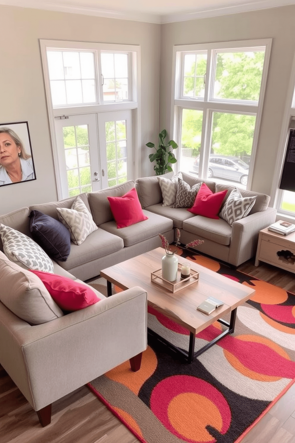 A cozy living room featuring a neutral color palette of soft beige and warm gray. Vibrant pops of color are introduced through bright throw pillows and a bold area rug, creating a welcoming and stylish atmosphere. The space is anchored by a plush sectional sofa, complemented by a sleek coffee table made of natural wood. Large windows allow ample natural light to fill the room, enhancing the inviting ambiance.