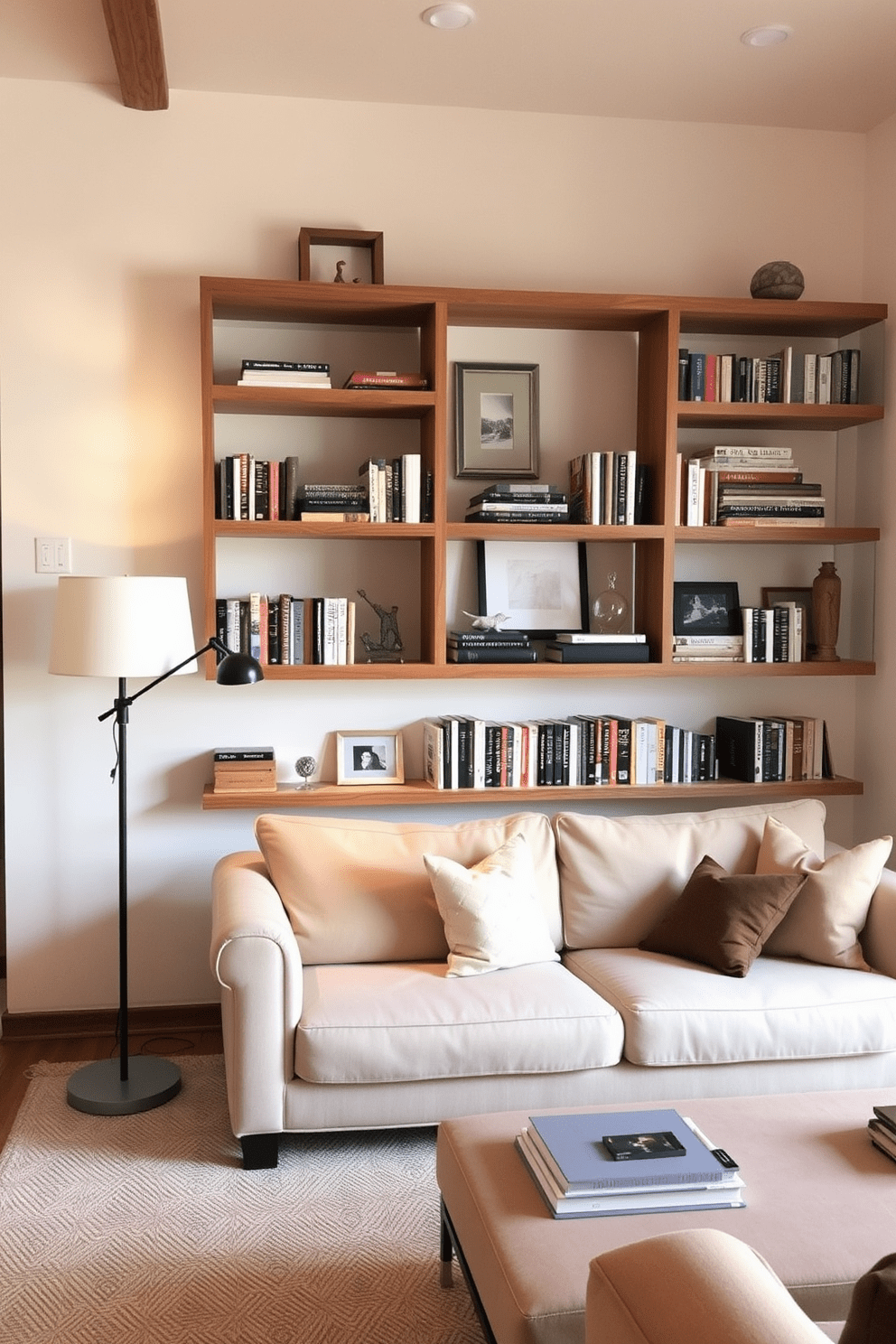 A cozy living room featuring open shelving that showcases an array of books and decorative items. The shelves are made of reclaimed wood, adding warmth to the space, while a plush sofa in a neutral tone complements the inviting atmosphere. In front of the sofa, a stylish coffee table holds a few carefully curated decor pieces. Soft lighting from a floor lamp creates a relaxing ambiance, enhancing the overall comfort of the room.