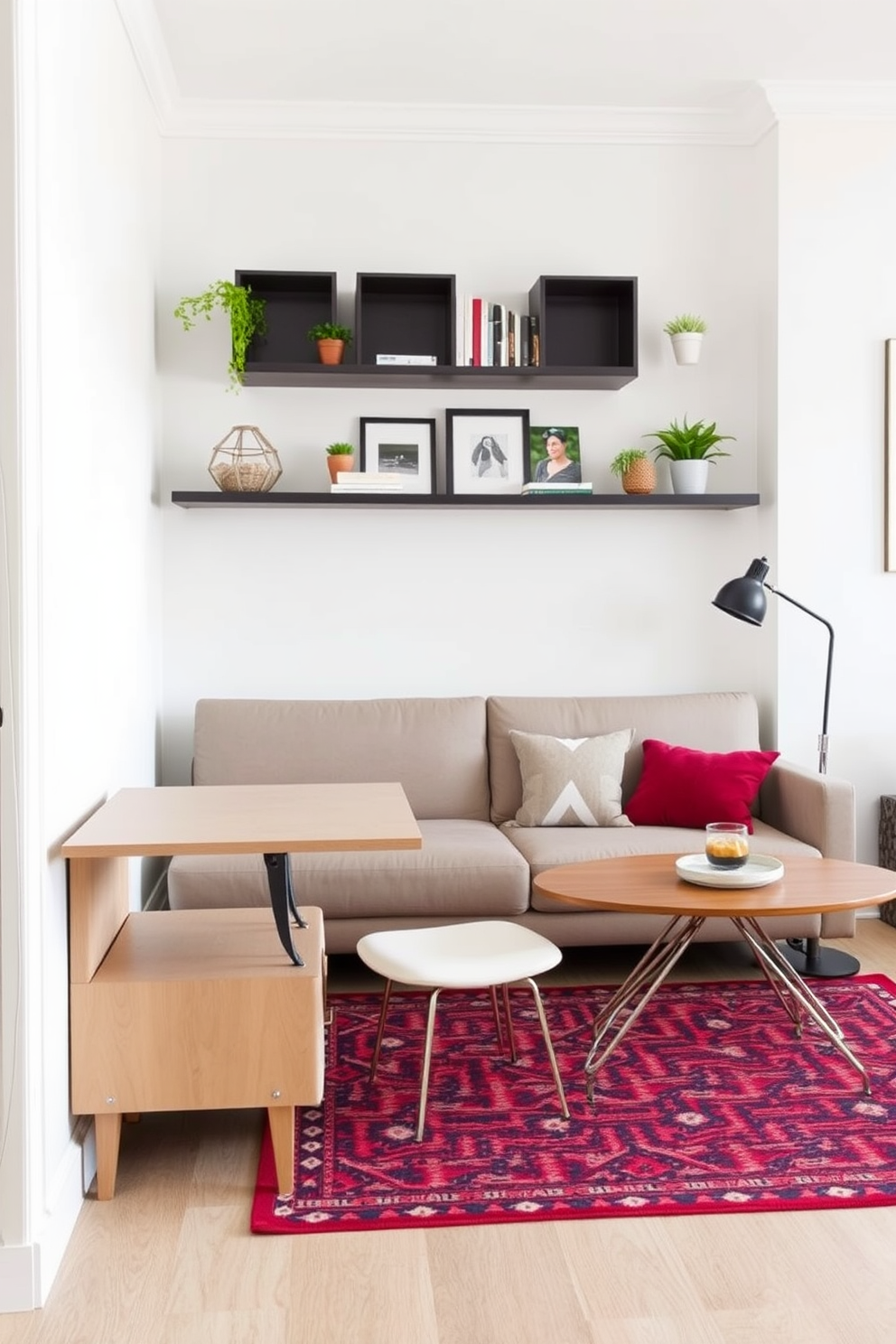 A stylish living room and dining room combo featuring multifunctional furniture that maximizes space. The area includes a sleek sofa that converts into a bed, paired with a compact dining table that folds away when not in use. The walls are painted in a light, airy color to enhance the sense of space. Decorative shelves are mounted above the sofa, showcasing books and plants, while a vibrant area rug defines the living area.