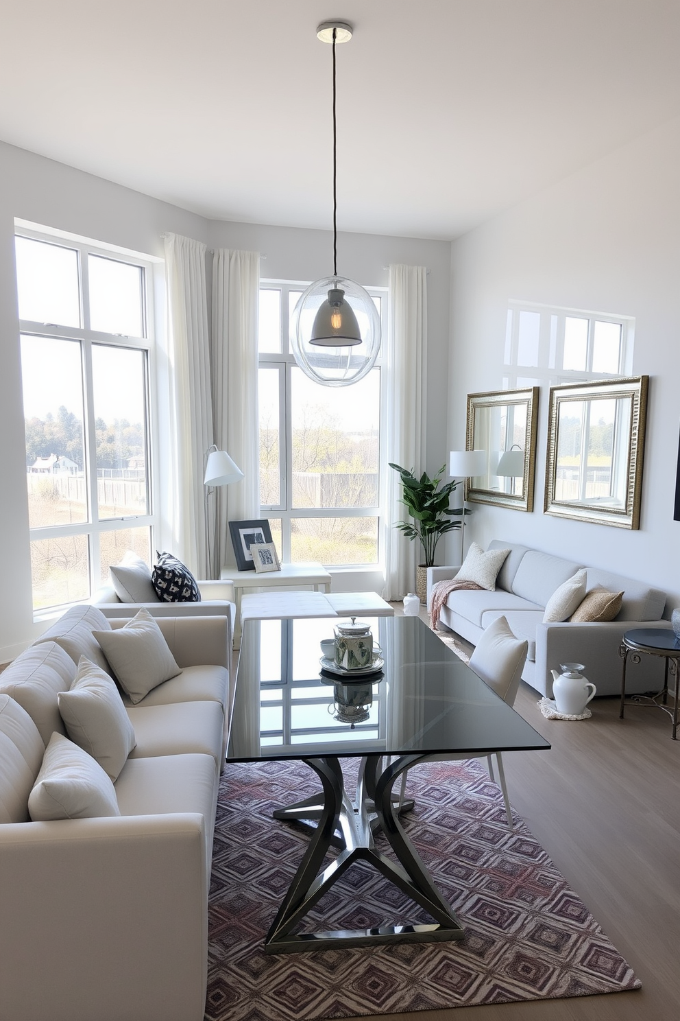 A bright and airy living room dining room combo features large windows that allow natural light to flood the space. The room is designed with a neutral color palette, showcasing a plush sectional sofa and a sleek dining table that comfortably seats six. Strategically placed mirrors on the walls reflect the light and create an illusion of more space. The decor includes stylish pendant lighting above the dining table and soft throw pillows on the sofa for added comfort.