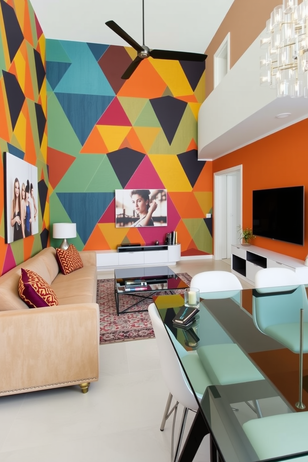 A striking feature wall adorned with bold, geometric wallpaper in vibrant colors sets the tone for the living room dining room combo. The space is designed with a plush sectional sofa facing a sleek glass coffee table, while a stylish dining table with modern chairs complements the overall aesthetic.