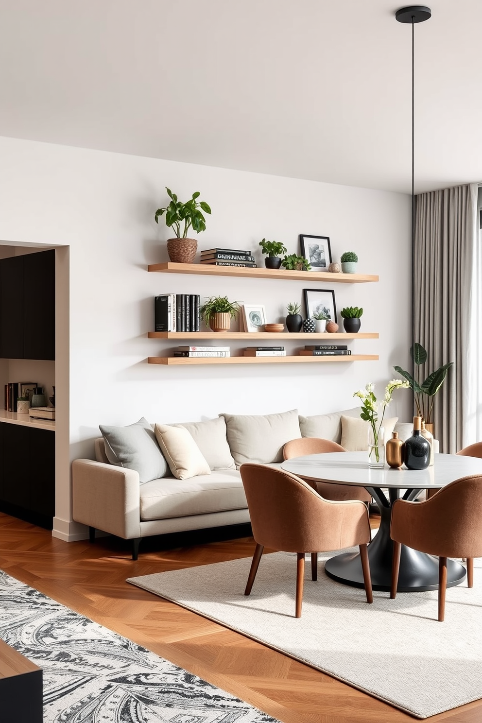 A modern living room and dining room combo featuring floating shelves for space-saving storage. The shelves are made of natural wood and are adorned with decorative plants and books, creating an inviting atmosphere. The living area includes a plush sectional sofa in a neutral tone, paired with a sleek coffee table. The dining space showcases a stylish round table surrounded by upholstered chairs, enhancing the overall elegance of the design.