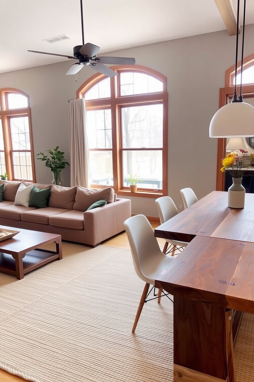 A warm and inviting living room dining room combo featuring earthy tones and clean lines. The space includes a comfortable sectional sofa in a rich taupe fabric paired with a sleek wooden coffee table. Adjacent to the living area, a modern dining table made of reclaimed wood is surrounded by minimalist chairs in soft beige. Large windows allow natural light to flood the space, highlighting the subtle textures of the woven area rug beneath.